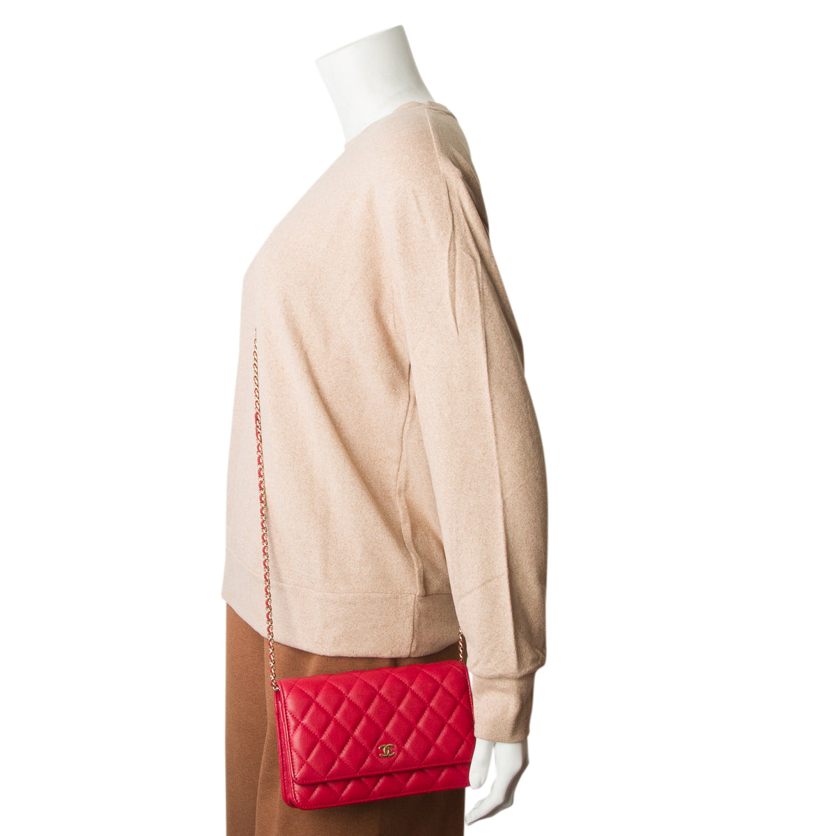 Chanel Red Caviar Quilted Classic Wallet on Chain w/ Authenticity Card