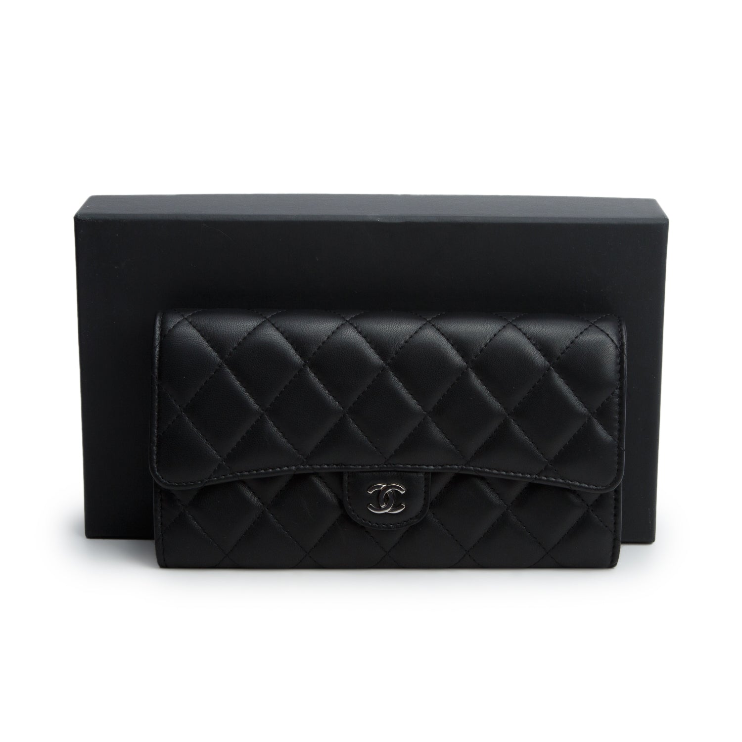 Chanel Black Lambskin Quilted Leather Large Gusset Flap Wallet w/ Box & Authenticity Card
