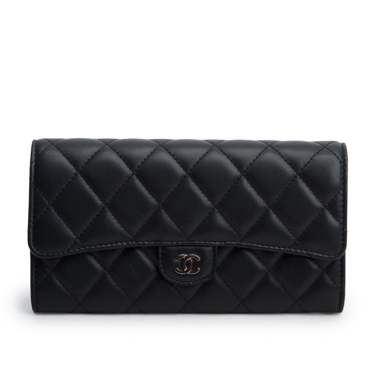 Chanel Black Lambskin Quilted Leather Large Gusset Flap Wallet w/ Box & Authenticity Card