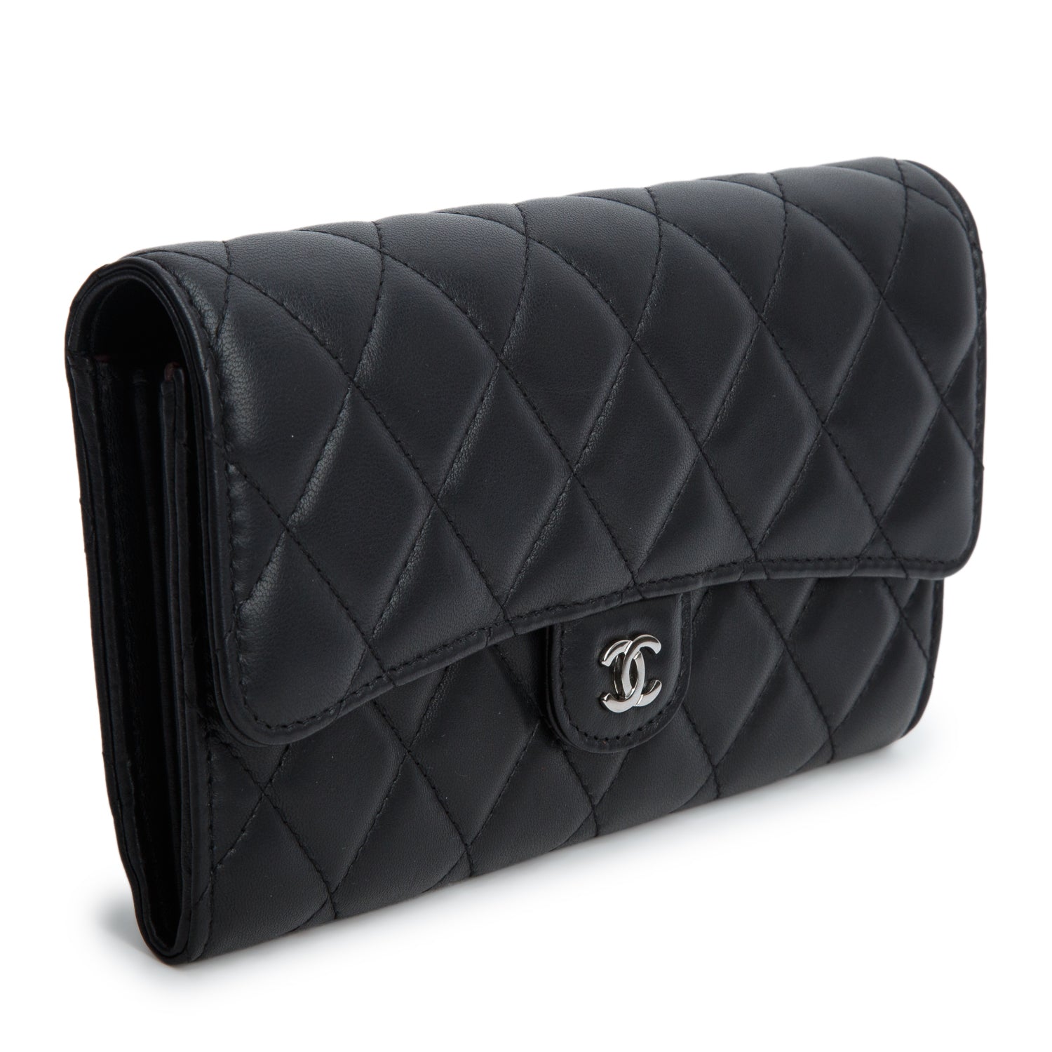 Chanel Black Lambskin Quilted Leather Large Gusset Flap Wallet w/ Box & Authenticity Card