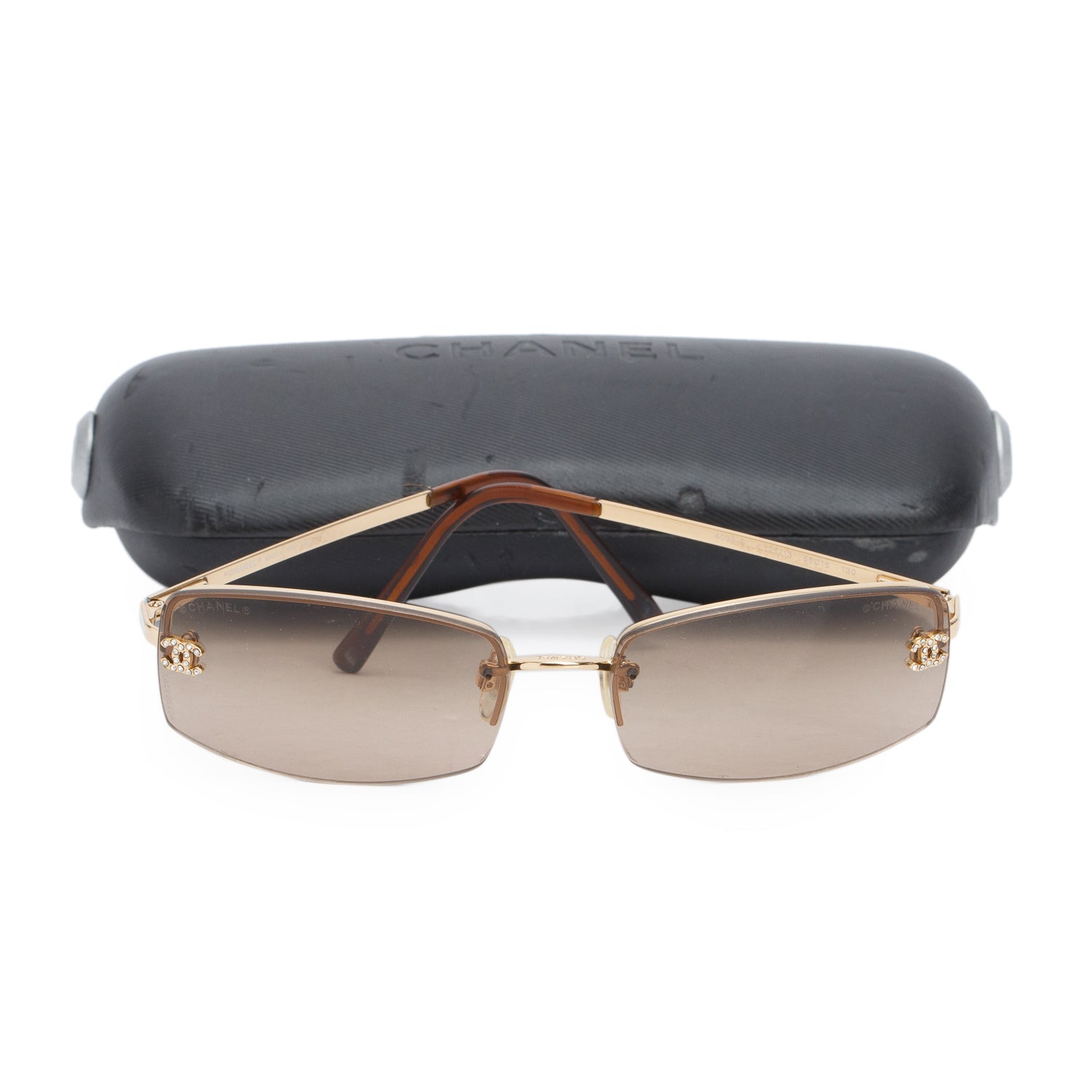 Chanel 4093-B Brown Rimless Crystal CC Logo Square Sunglasses w/ Case