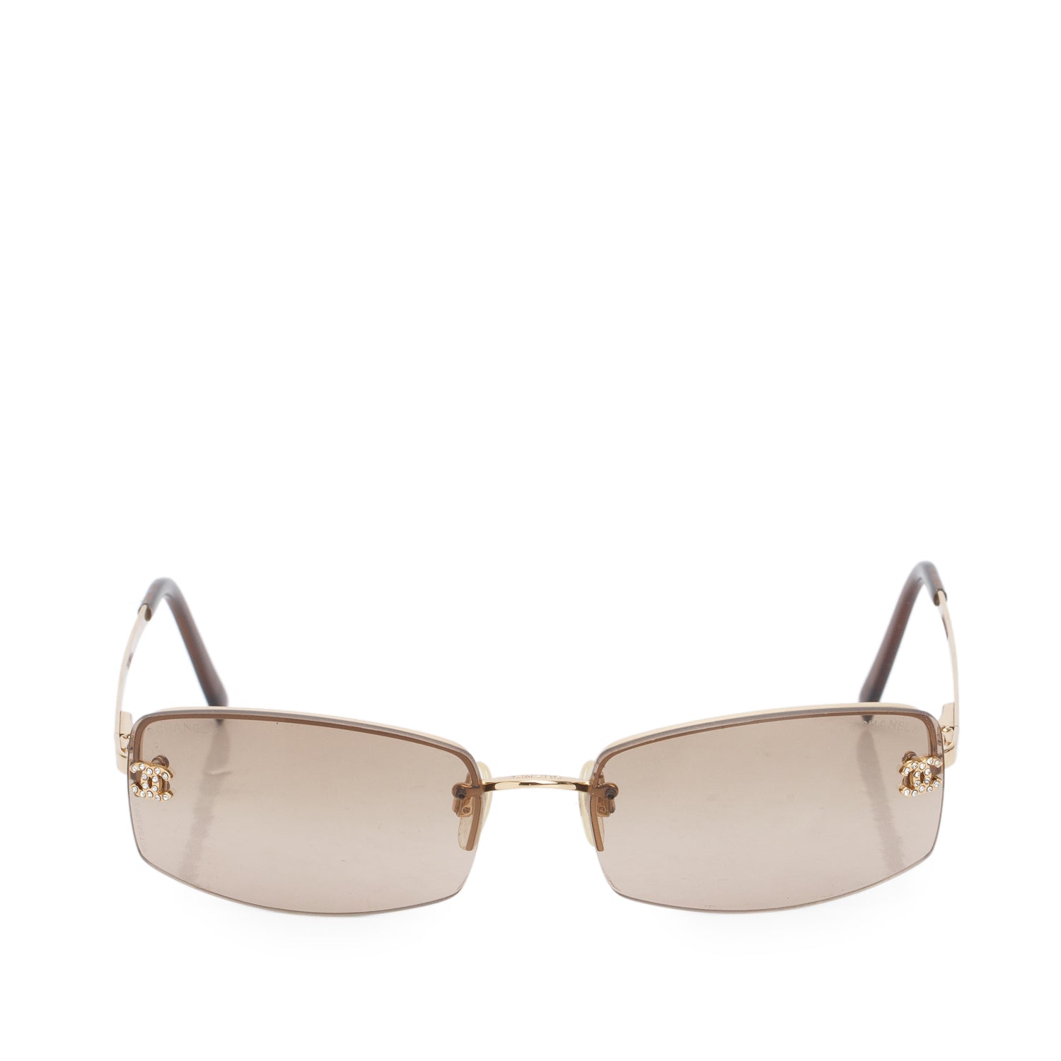 Chanel 4093-B Brown Rimless Crystal CC Logo Square Sunglasses w/ Case