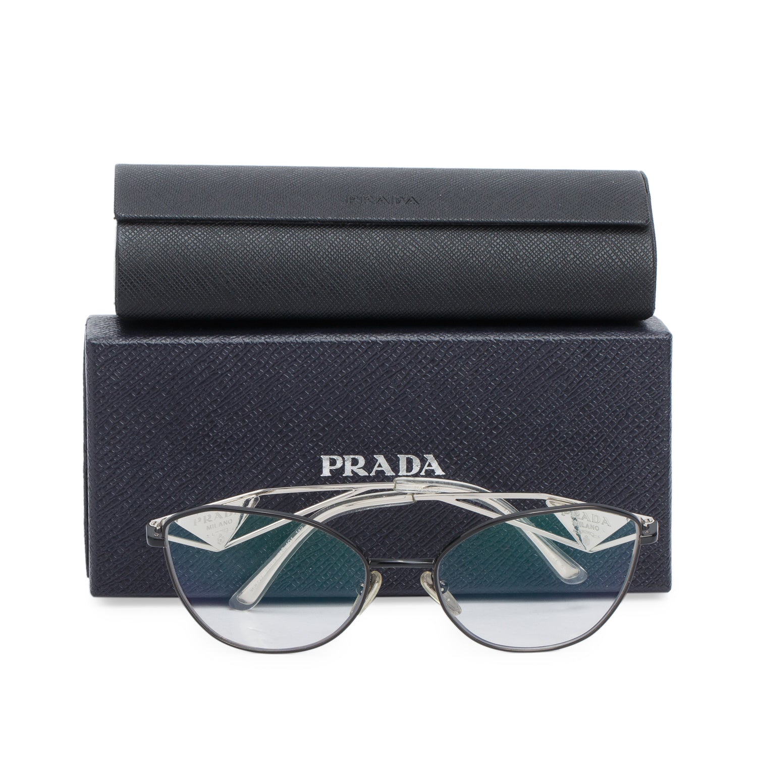Prada VPR52Z Black Metal Triangle Logo Cat Eye Glasses w/ Box & Case