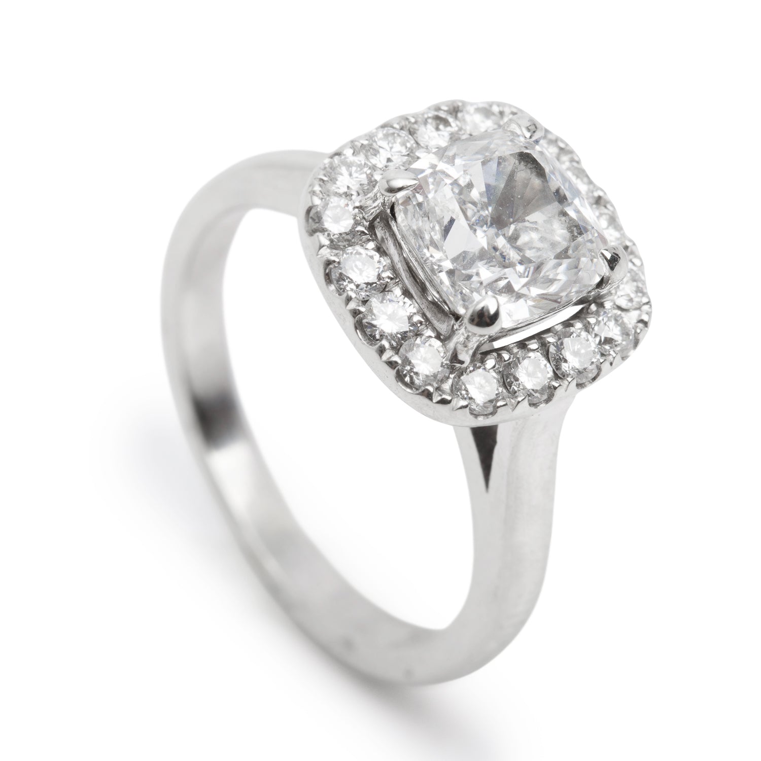 19k White Gold 1.65 ct. Cushion Cut Diamond Halo Top Engagement Ring, Size 4.75