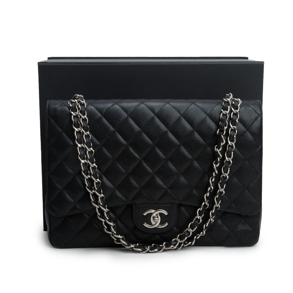 Chanel Black Quilted Caviar Leather Classic Maxi Double Flap Bag w/ Box, Receipt & Authenticity Card