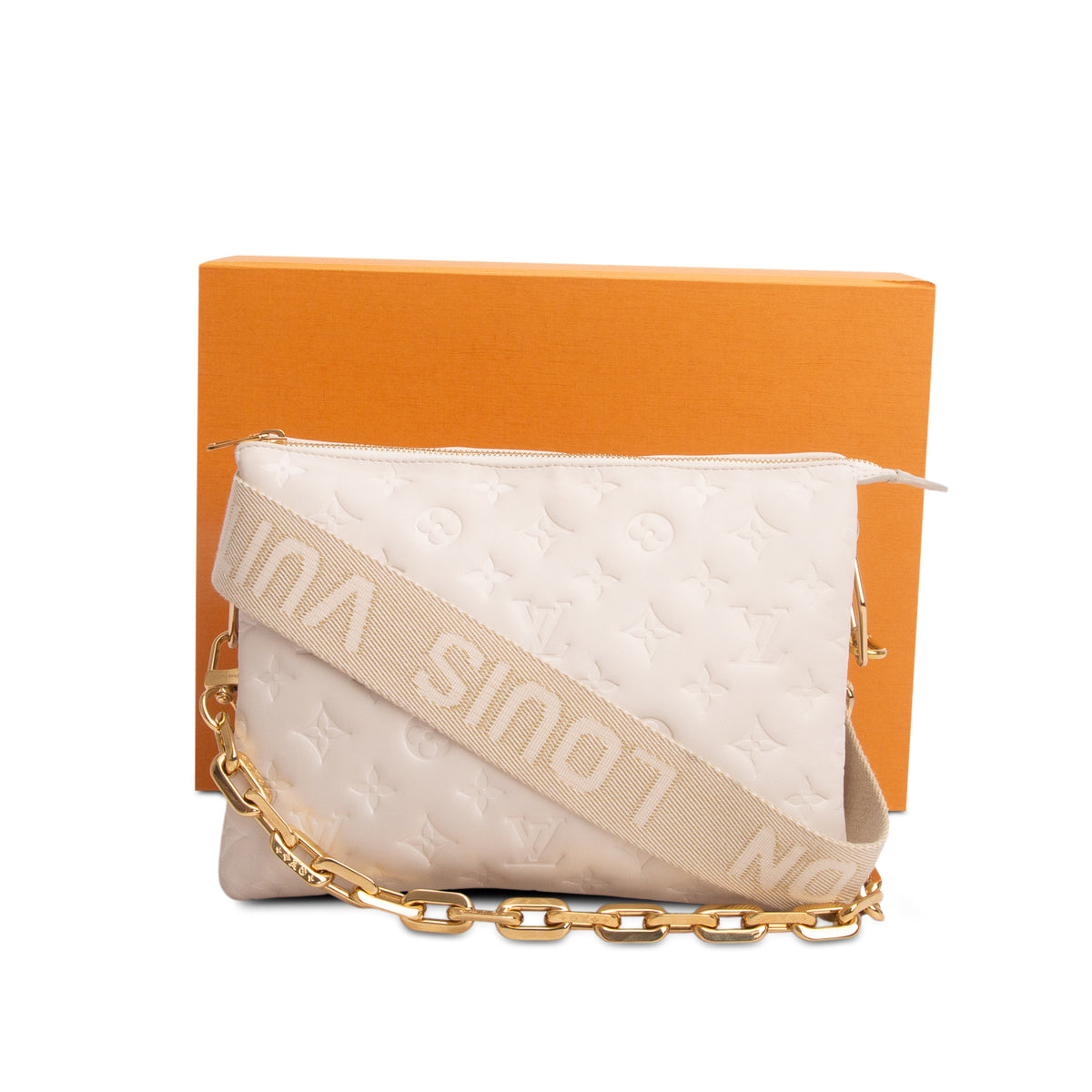 Louis Vuitton White Monogram Embossed Lambskin Leather Coussin PM w/ Straps & Box