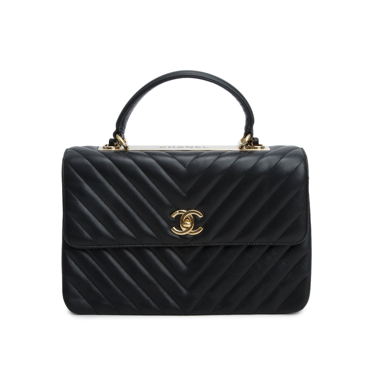 Chanel Black Chevron Quilted Lambskin Trendy CC Medium Top Handle Flap Bag