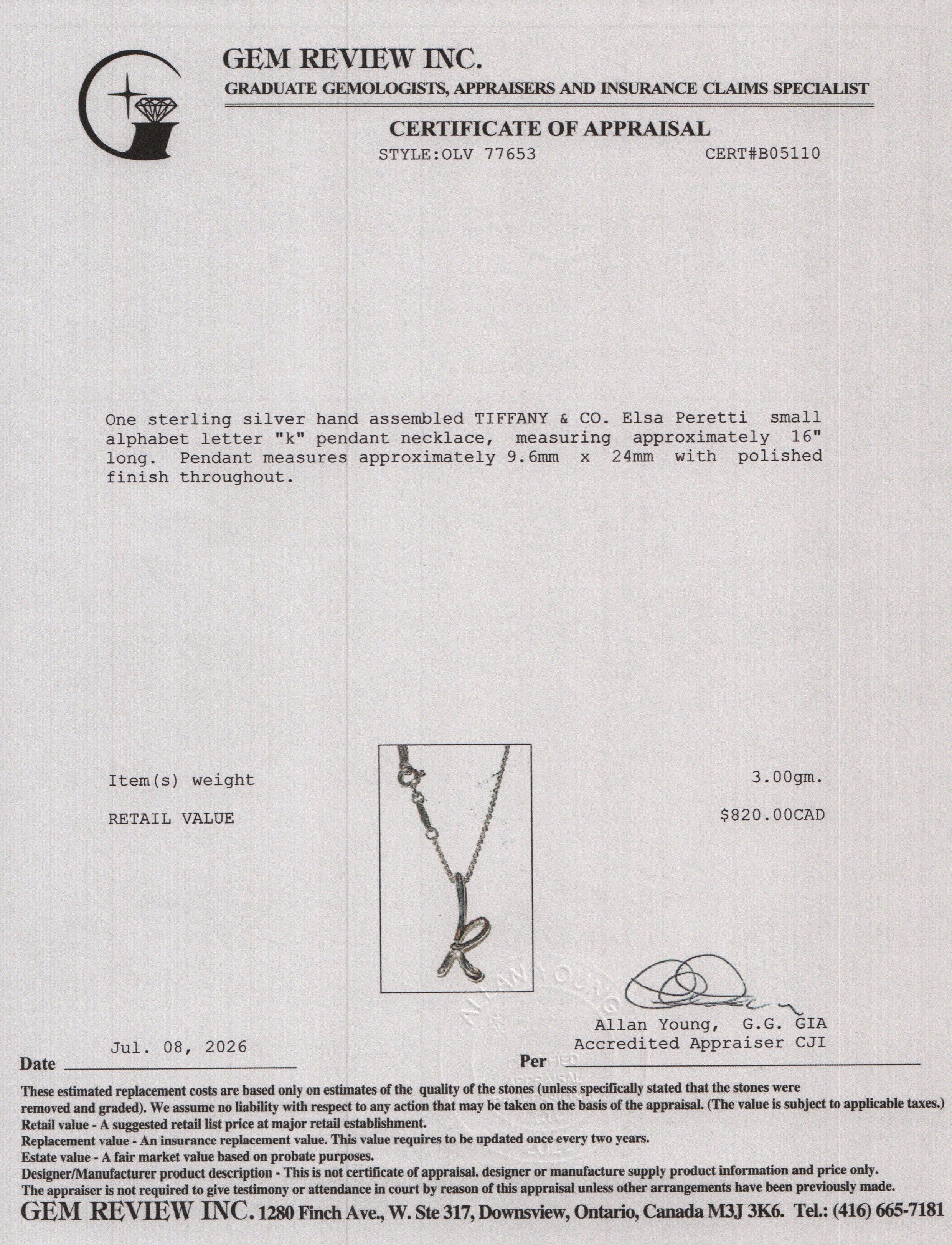 Tiffany & Co. Elsa Peretti Sterling Silver Small Alphabet Letter "K" Pendant Necklace