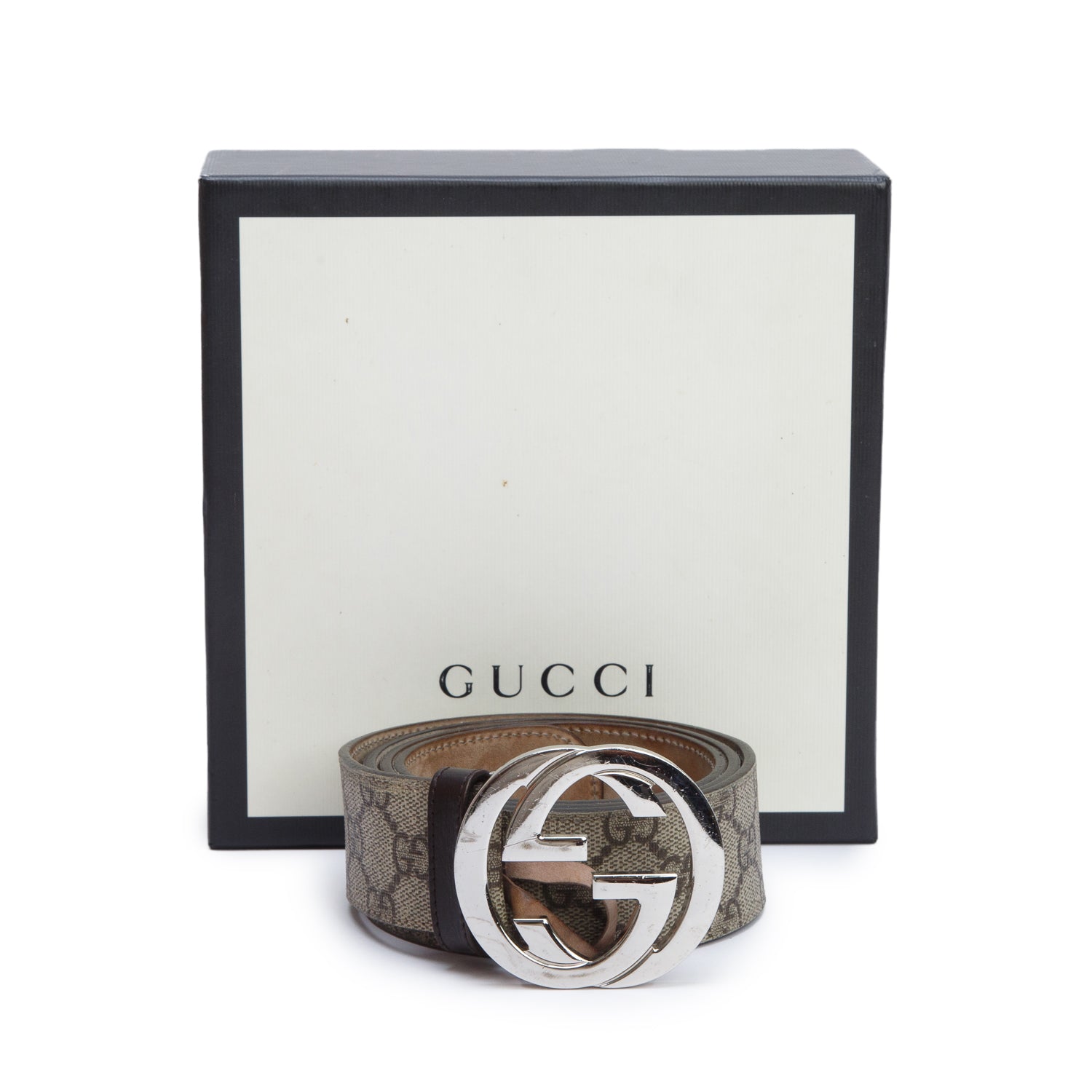 Gucci Beige GG Supreme Canvas Interlocking G Belt 95 38 w/ Box