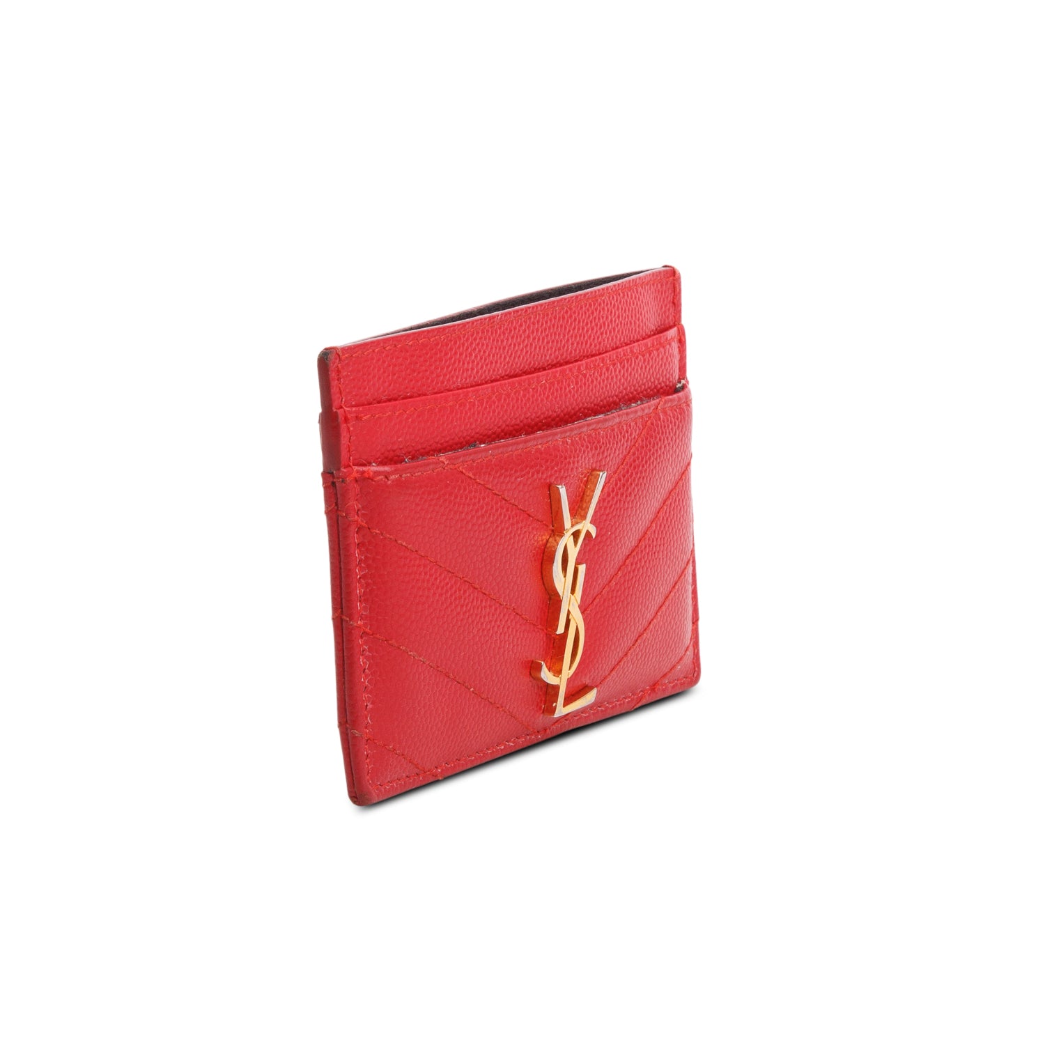 Saint Laurent Red Grain de Poudre Chevron Cassandre Card Holder w/ Box