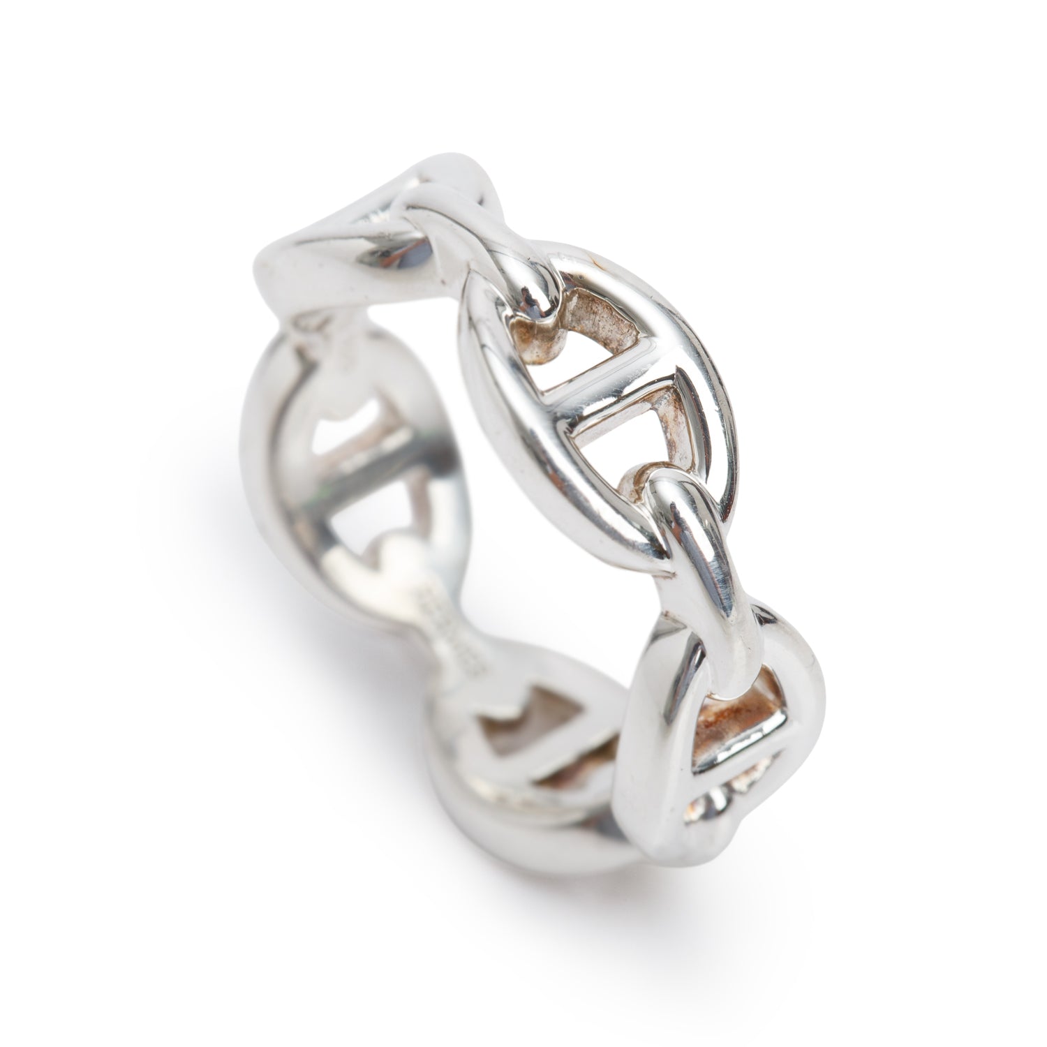 Hermes Sterling Silver Chaine D'Ancre Enchainee Ring, Small Model, Size 54 7 w/ Box