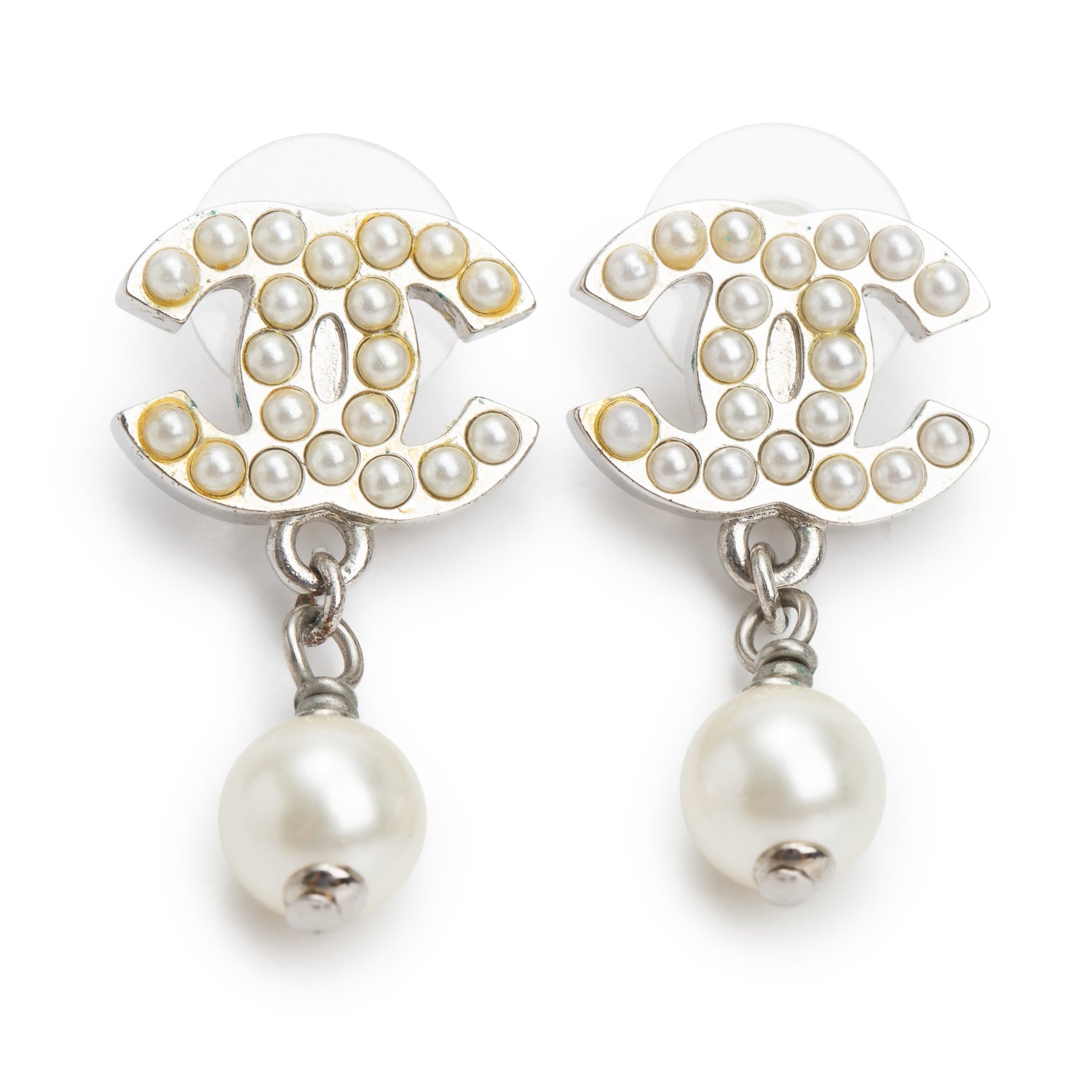 Chanel Palladium Plated Faux Pearl CC Drop Earrings w/ Box