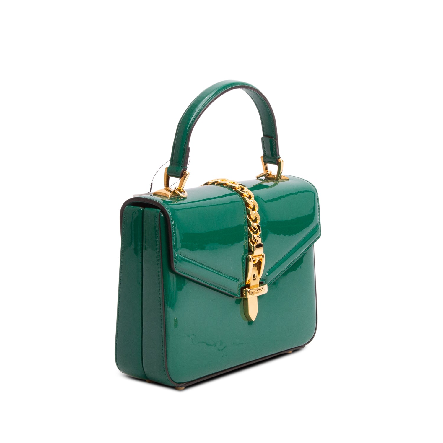 Gucci Green Mousse Top Patent Small Sylvie 1969 Small Top Handle Bag w/ Chain