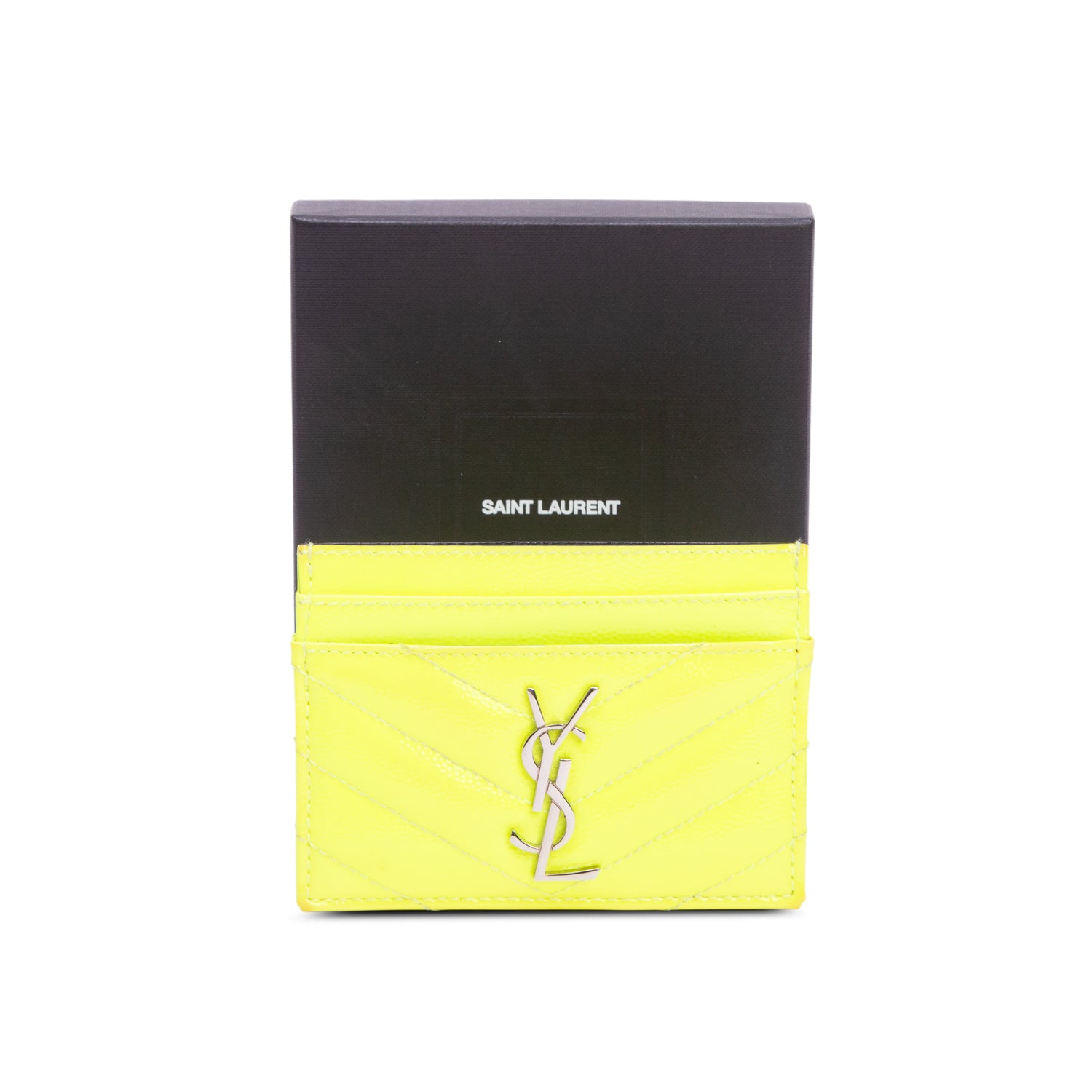 Saint Laurent Green Grain de Poudre Chevron Cassandre Card Holder w/ Box