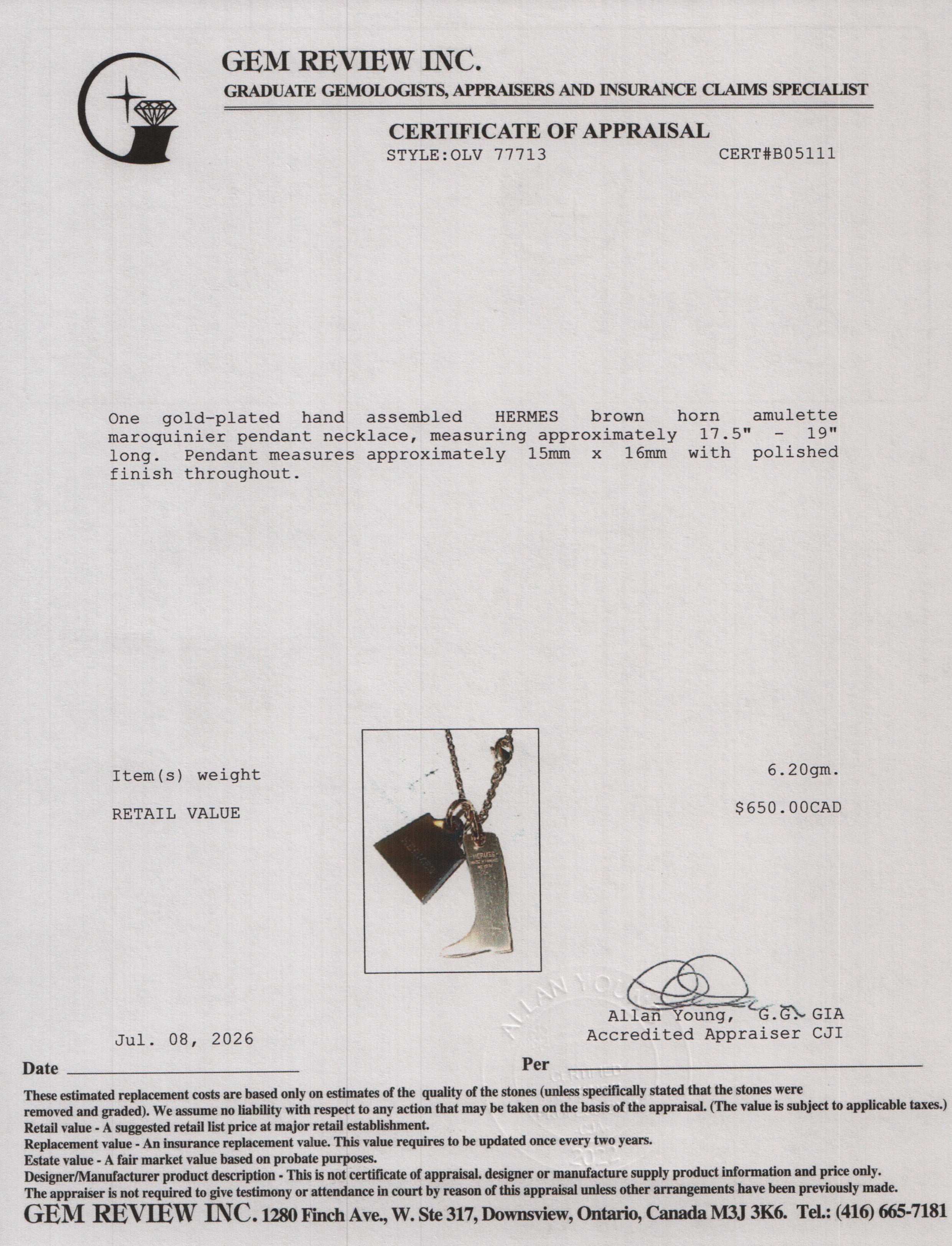 Hermes 2022 Gold-Plated Brown Horn Amulette Maroquinier Pendant Pendant Necklace, Small Model w/ Box & Receipt