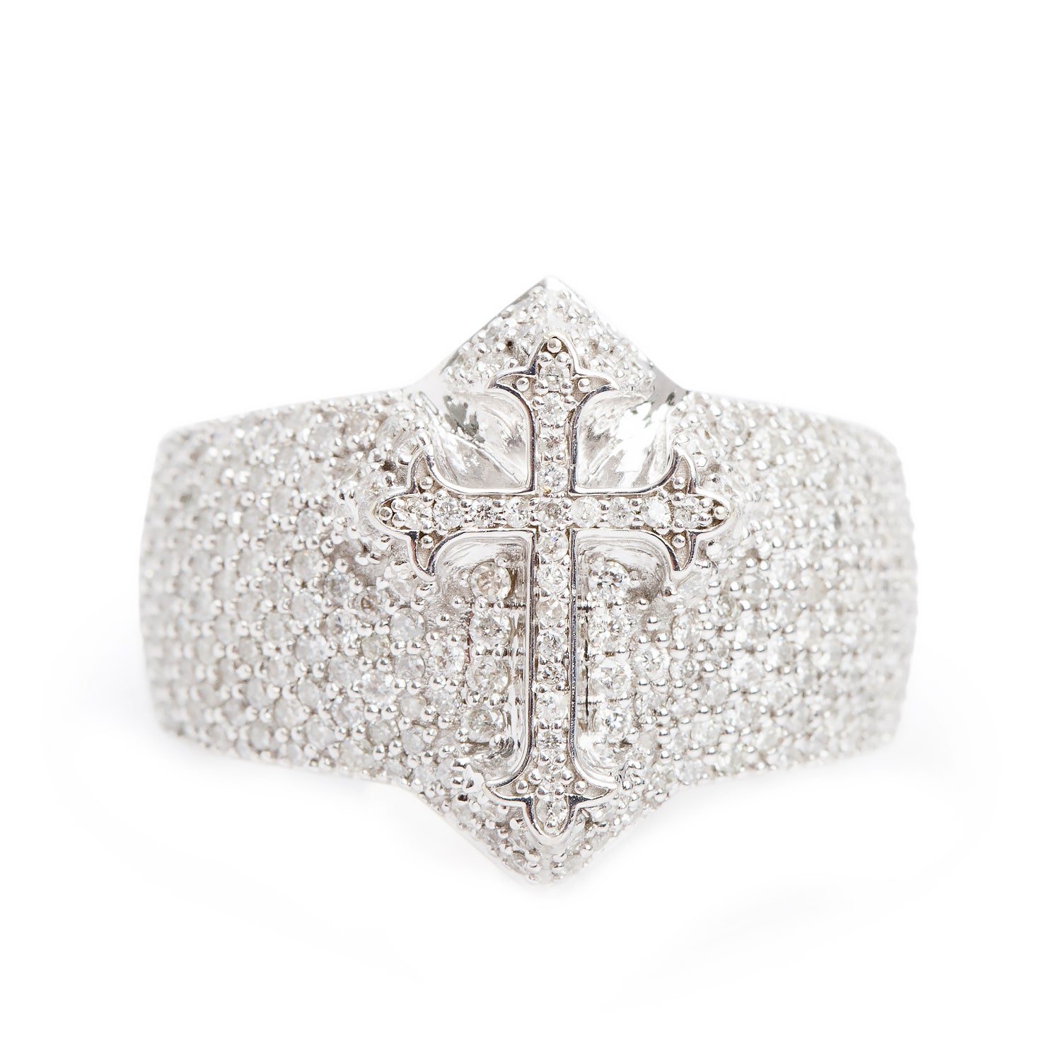10k White Gold 1.81 tcw. Pave Diamond Cross Design Ring, Size 9