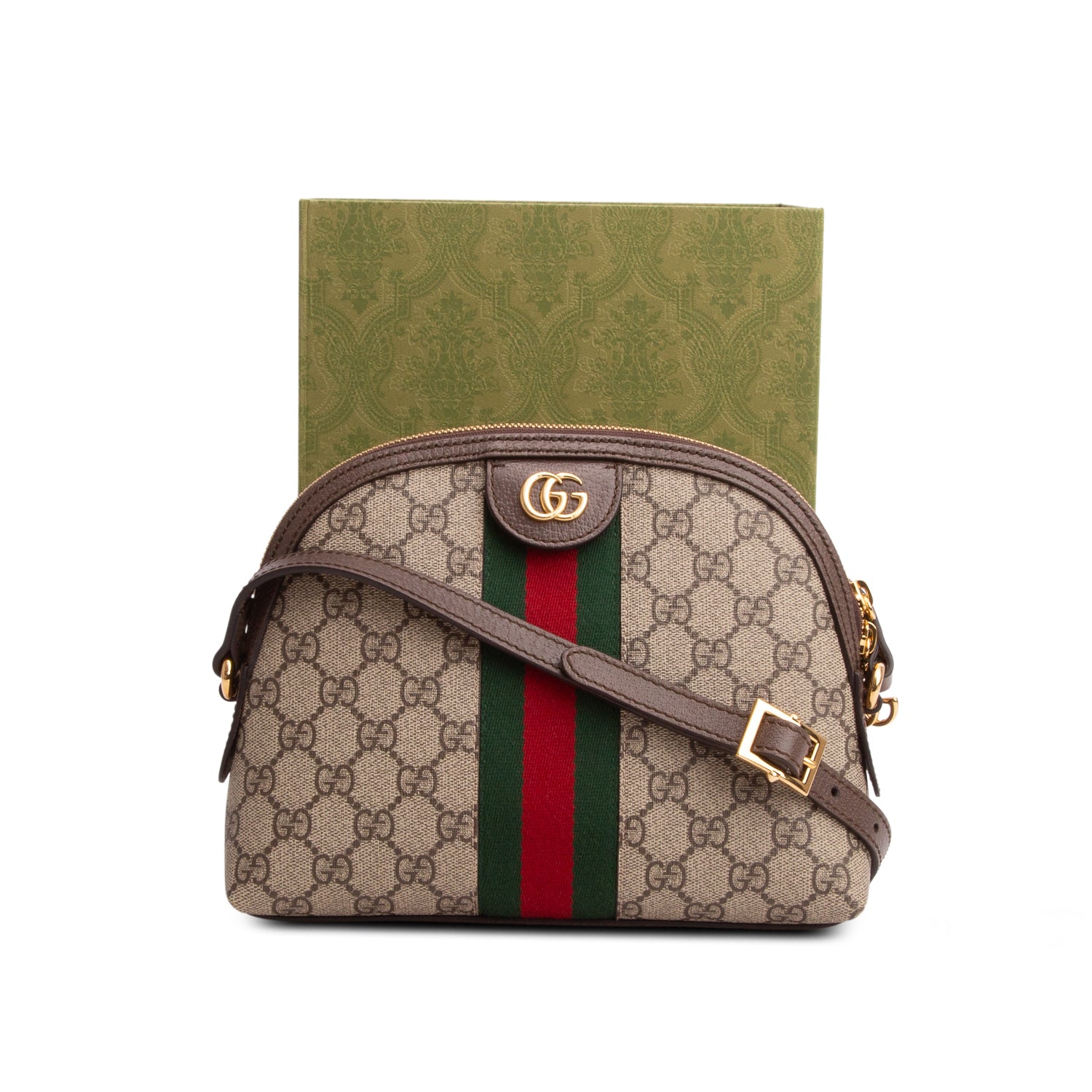 Gucci GG Supreme Monogram Textured Dollar Calfskin Web Small Ophidia Dome Shoulder Bag w/ Box