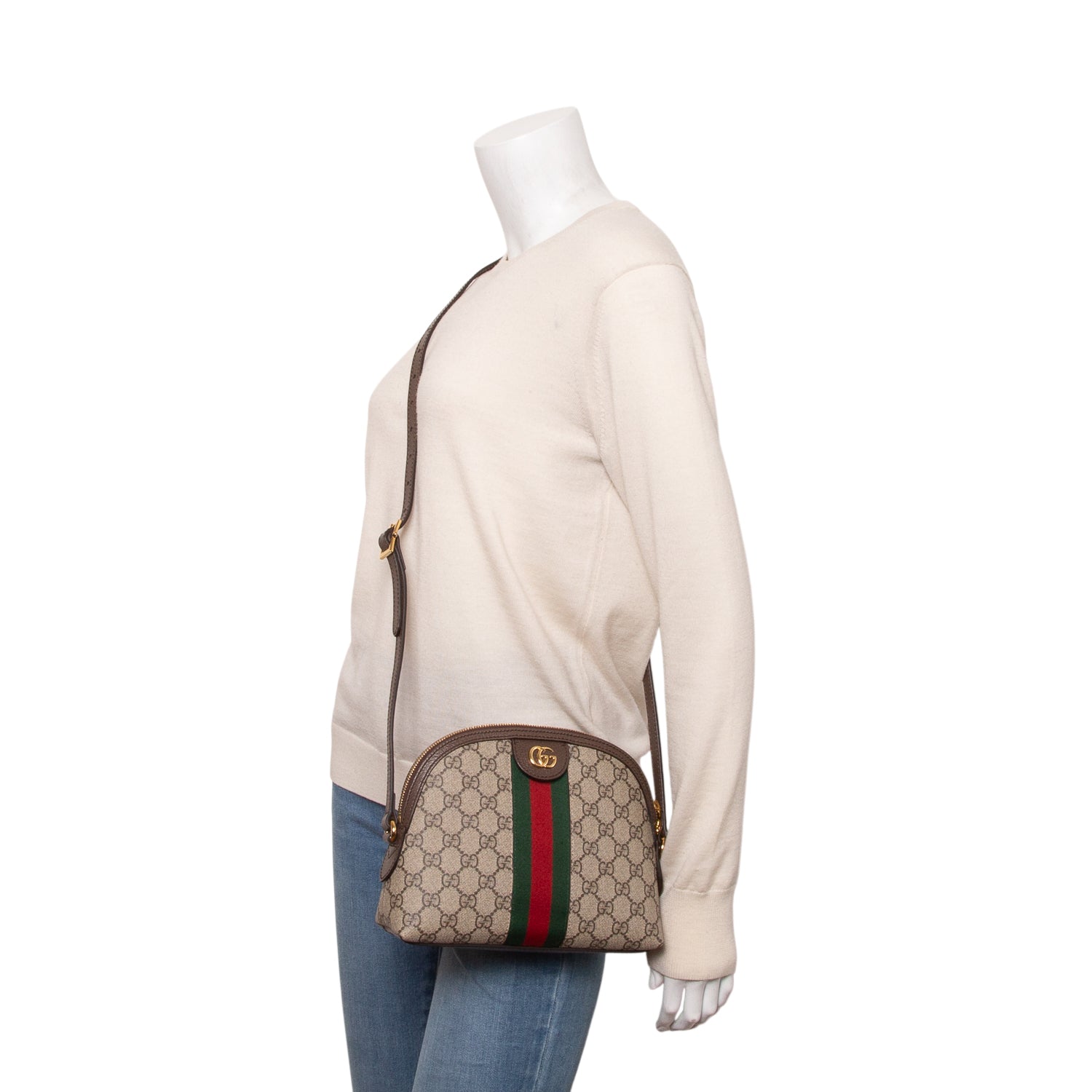 Gucci GG Supreme Monogram Textured Dollar Calfskin Web Small Ophidia Dome Shoulder Bag w/ Box