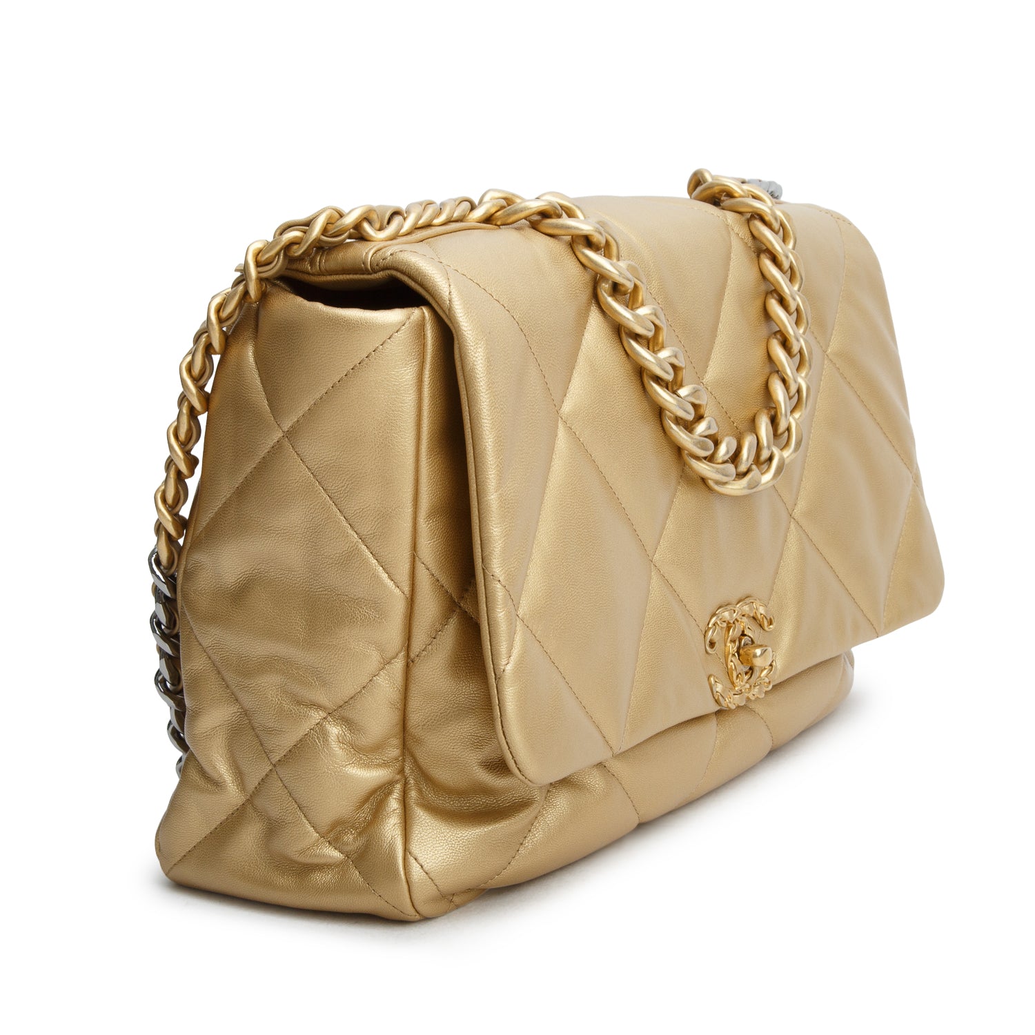 Chanel 2020 Gold Shiny Lambskin Quilted Maxi Chanel 19 Flap Bag w/ Box Authenticity Card