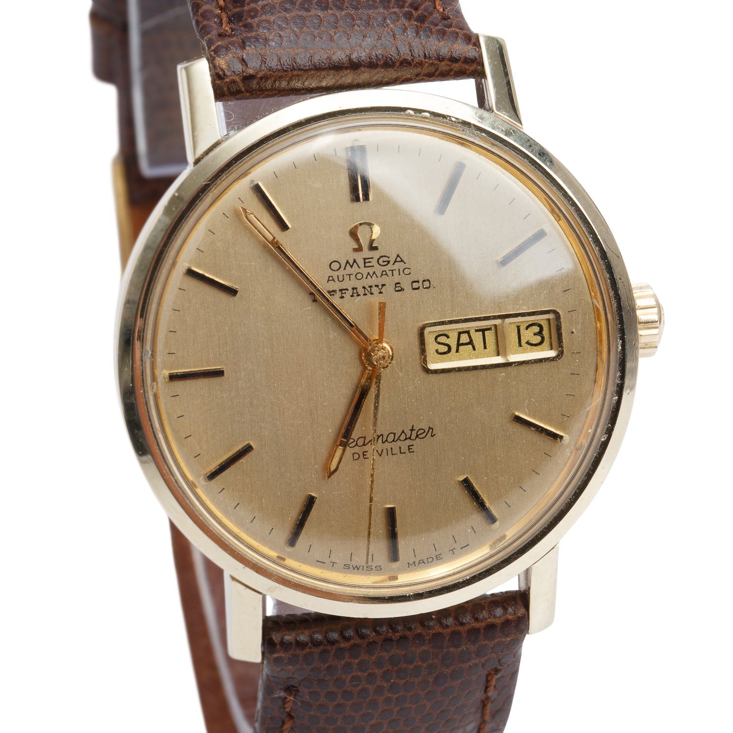 Omega x Tiffany & Co. Vintage 14k Yellow Gold Seamaster De Ville 34.5 MM Day Date Automatic Watch Gold Dial