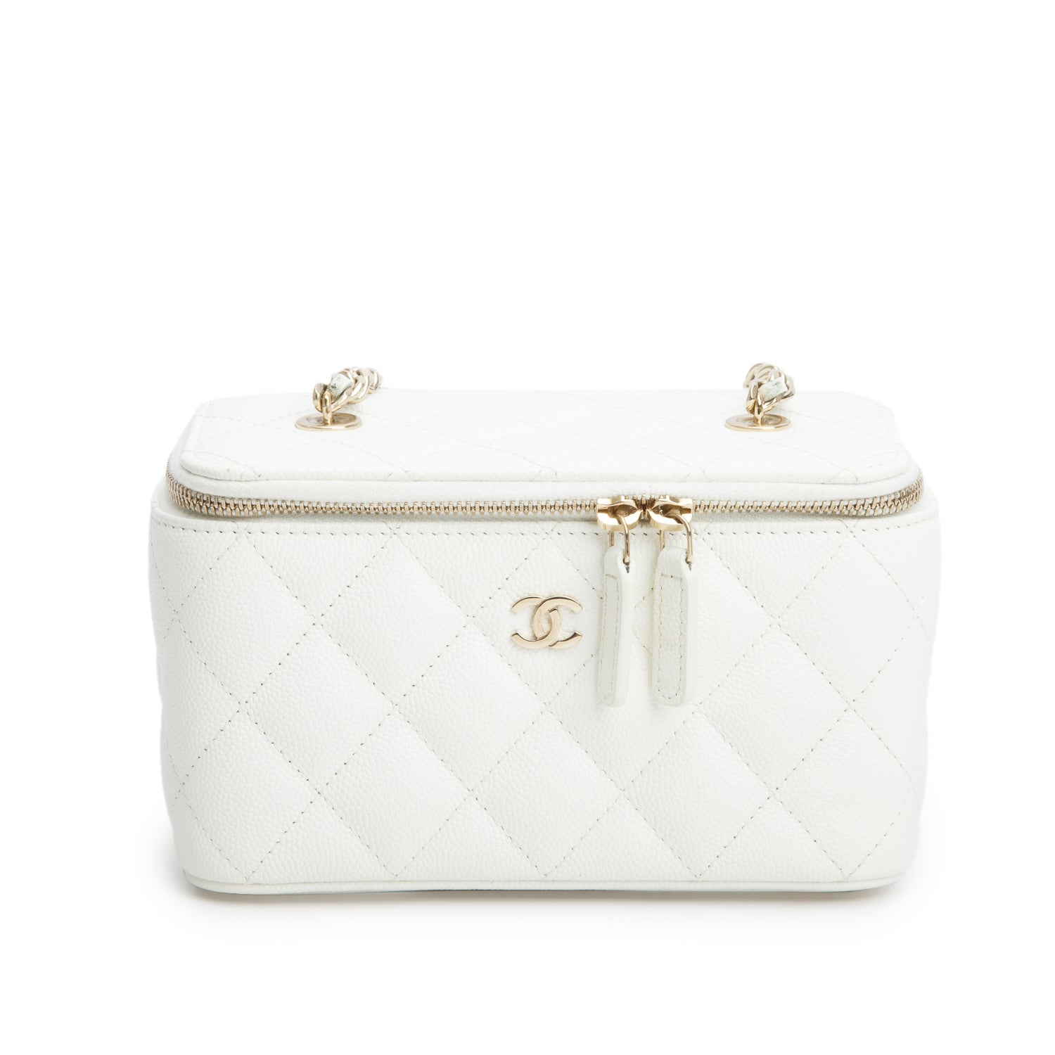 Chanel 2022 White Caviar Quilted Small Vanity Case with Chain