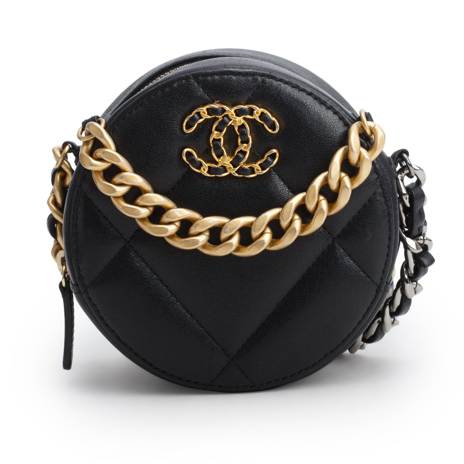 Chanel Black Shiny Goatskin Quilted Chanel 19 Round Clutch With Chain w/ Authenticity Card