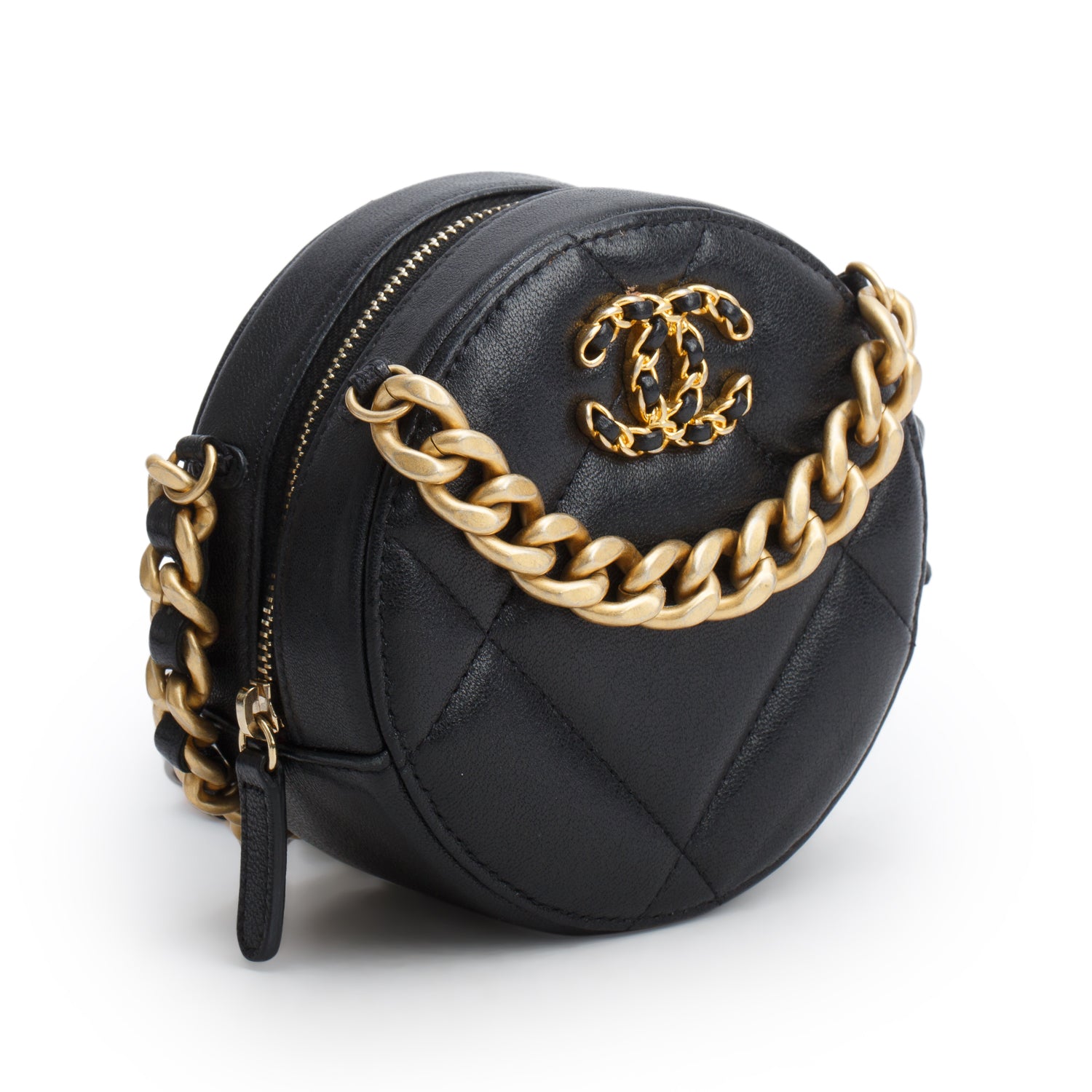 Chanel Black Shiny Goatskin Quilted Chanel 19 Round Clutch With Chain w/ Authenticity Card