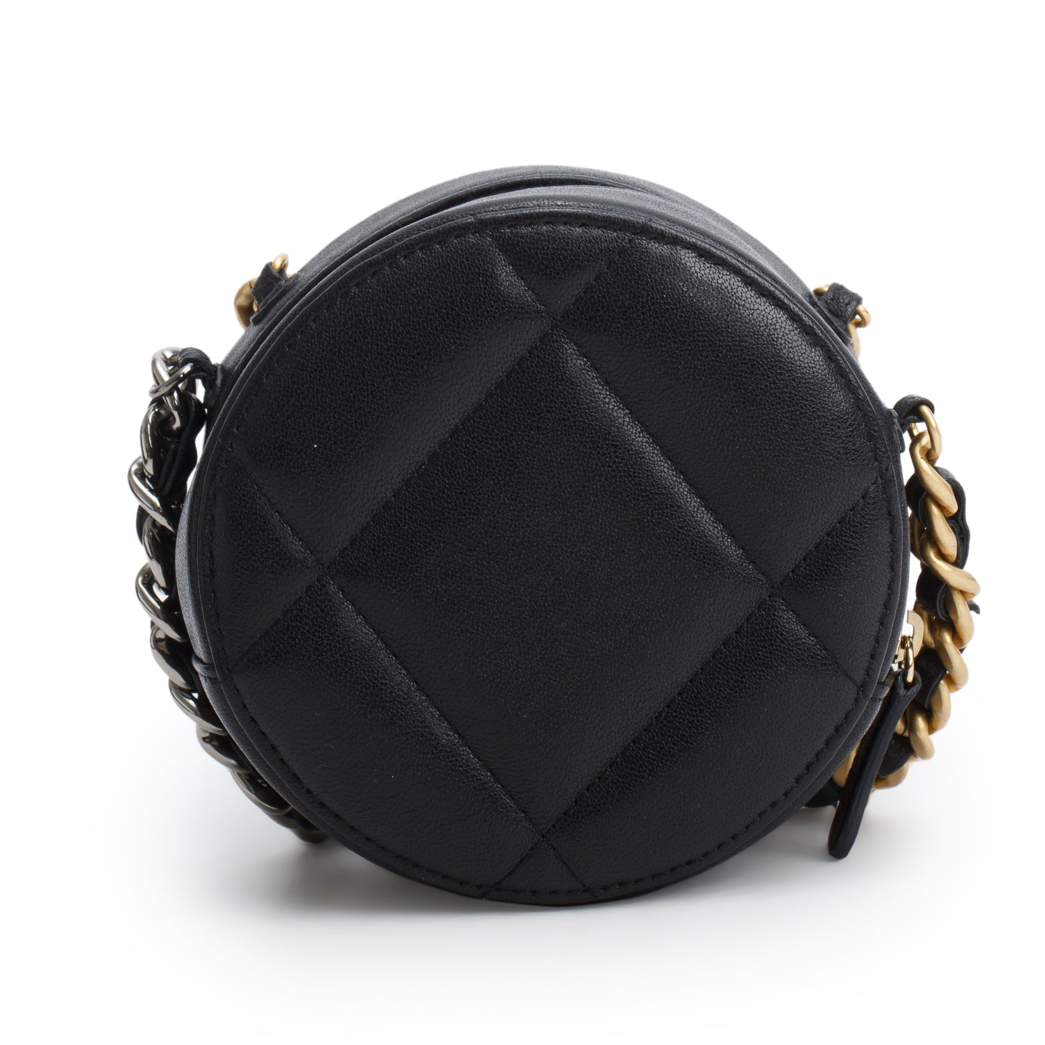 Chanel Black Shiny Goatskin Quilted Chanel 19 Round Clutch With Chain w/ Authenticity Card