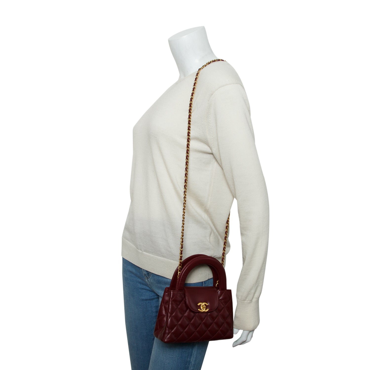 Chanel Burgundy Shiny Aged Calfskin Quilted Nano Kelly Shopper w/ Box