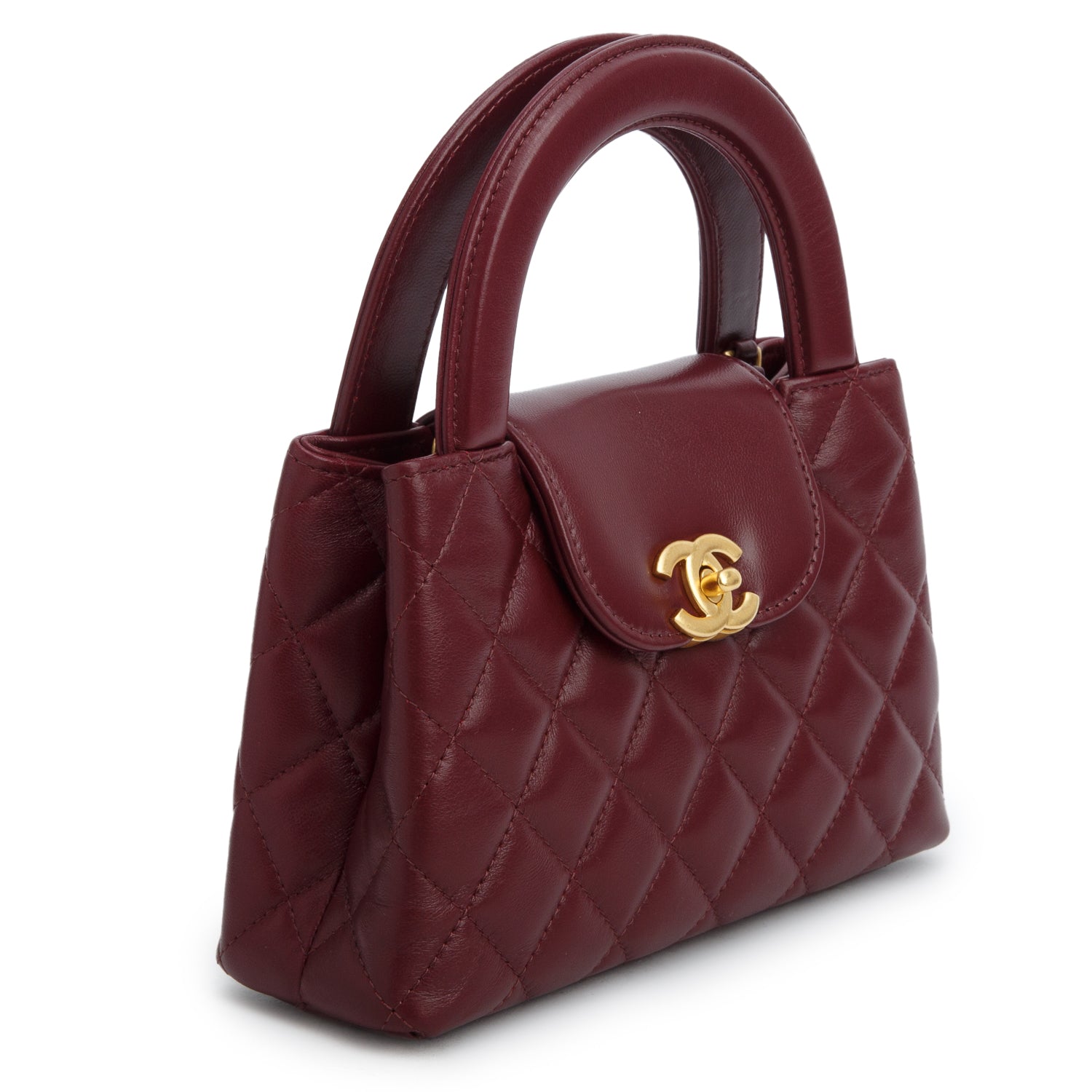 Chanel Burgundy Shiny Aged Calfskin Quilted Nano Kelly Shopper w/ Box