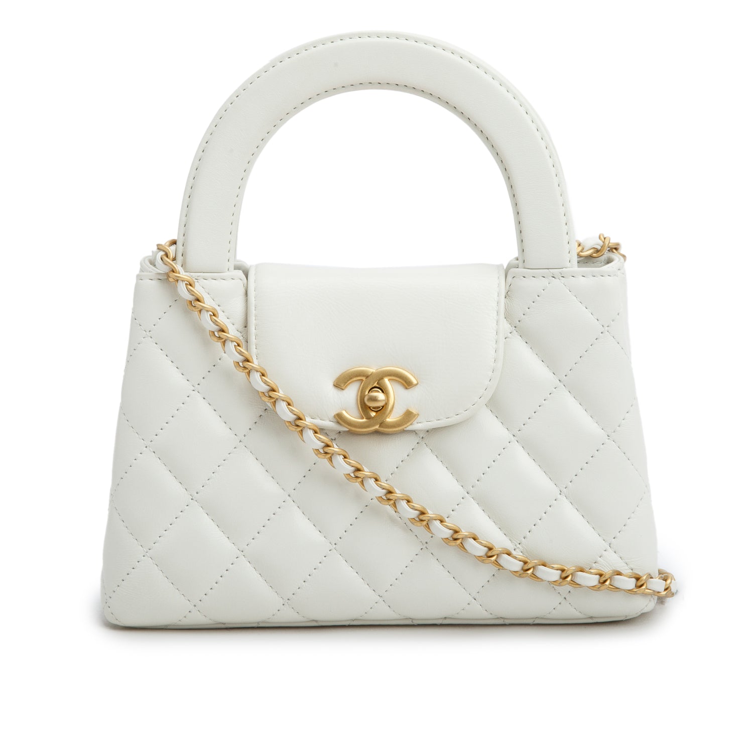 Chanel White Shiny Aged Calfskin Quilted Nano Kelly Shopper w/ Box