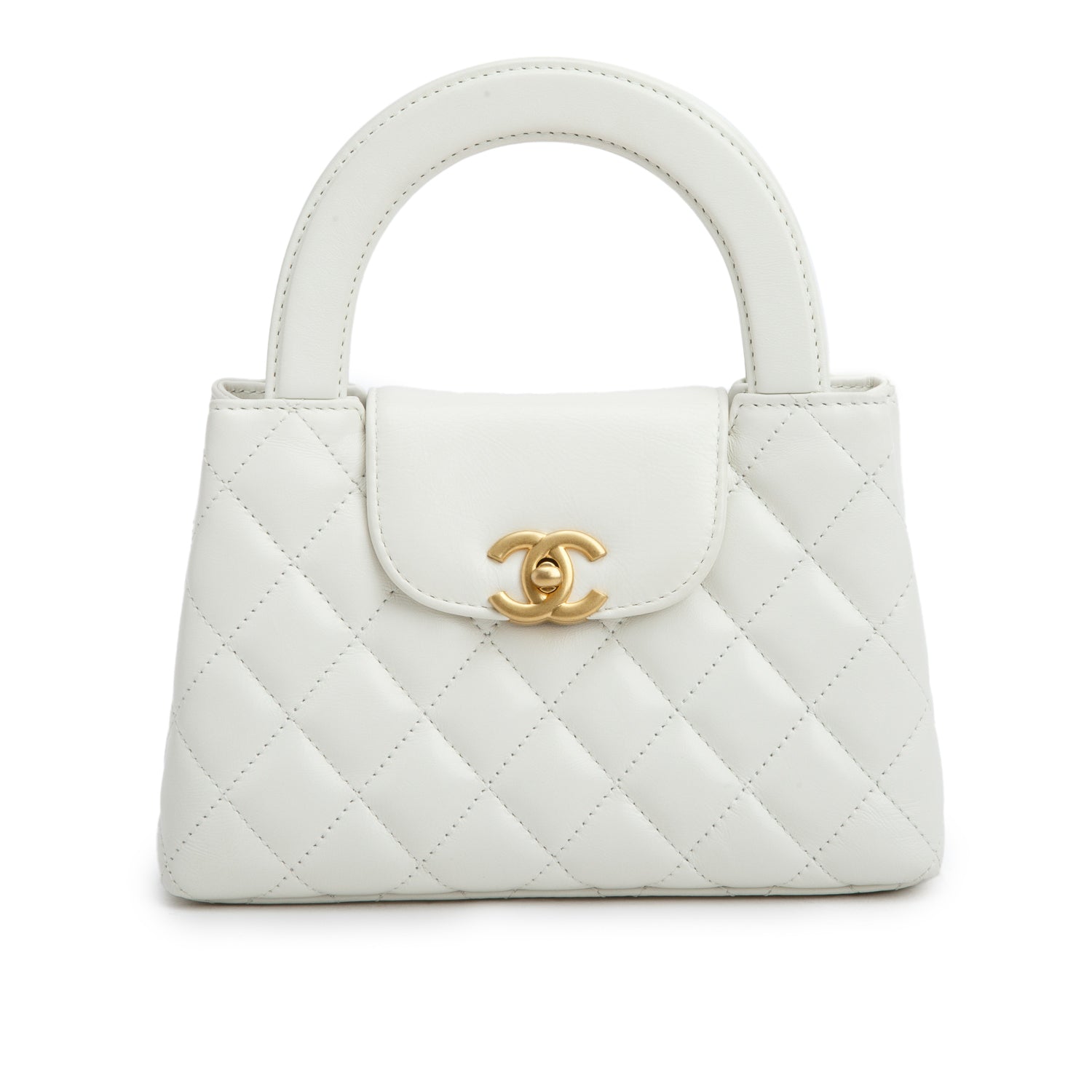Chanel White Shiny Aged Calfskin Quilted Nano Kelly Shopper w/ Box