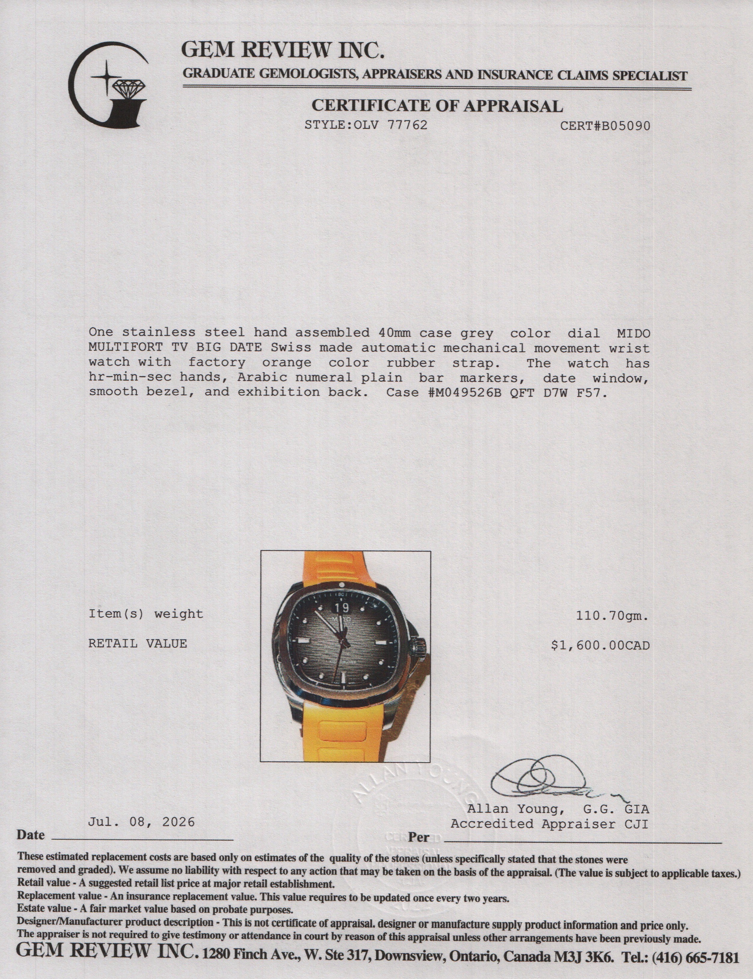 Mido 2025 Stainless Steel Multifort TV Big Date 40 MM Automatic Watch Grey Dial w/ Box & Papers