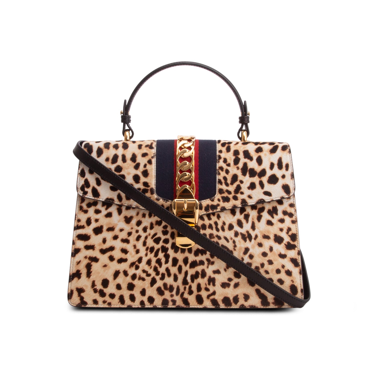 Gucci Calf Hair Leopard Print Medium Sylvie Top Handle Bag w/ Strap