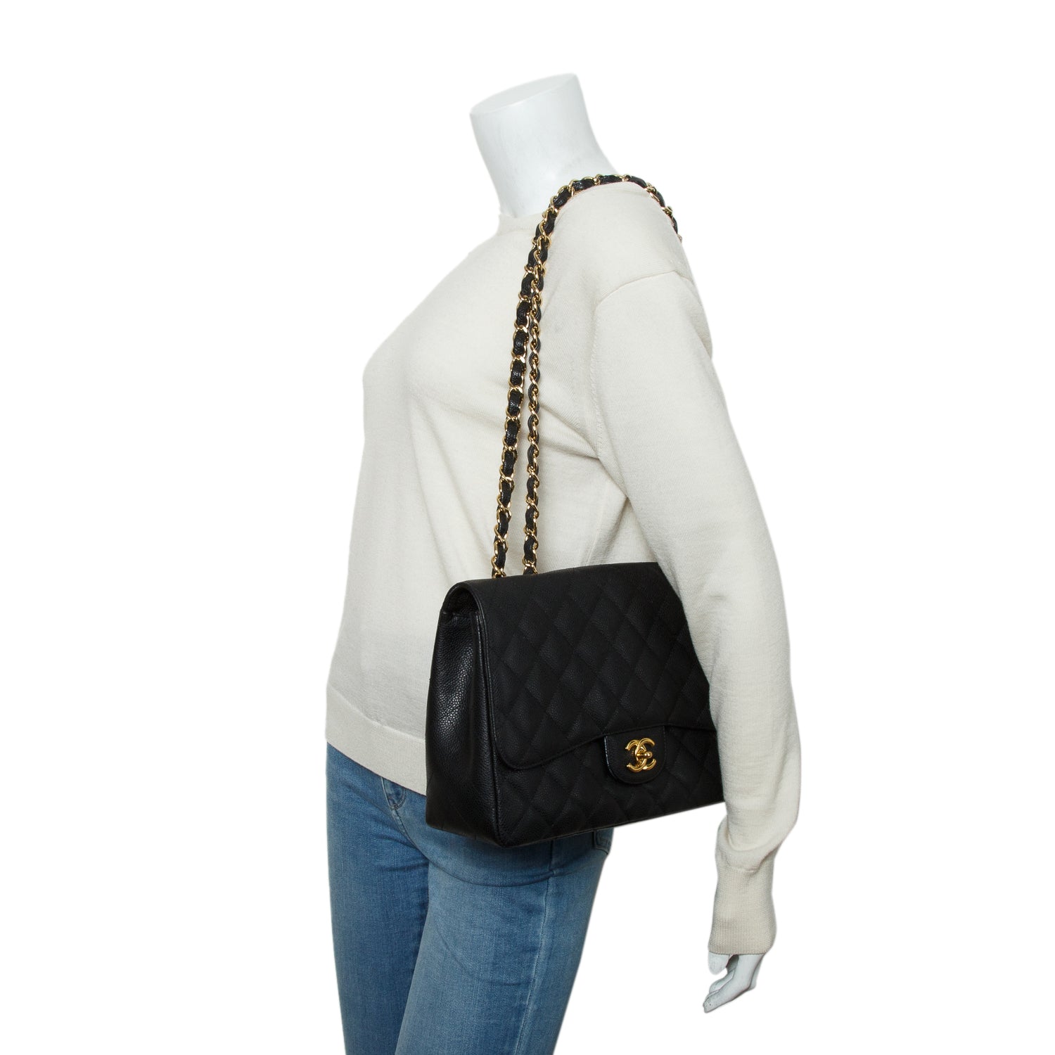 Chanel Black Caviar Classic Jumbo Single Flap Bag w/ Authenticity Card