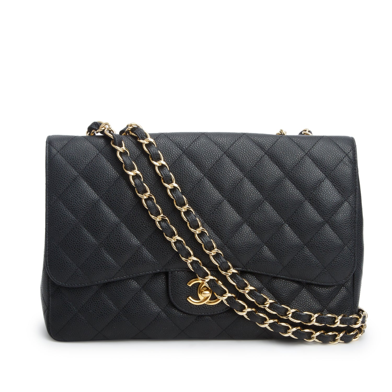 Chanel Black Caviar Classic Jumbo Single Flap Bag w/ Authenticity Card
