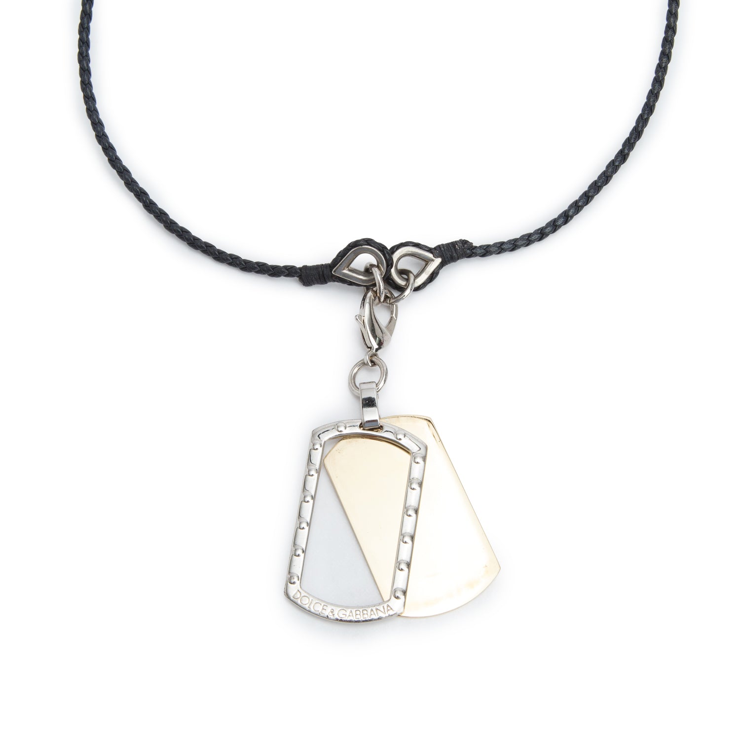 Dolce & Gabbana Gold & Silver Plated Metal Dog Tag Pendant Leather Necklace w/ Box