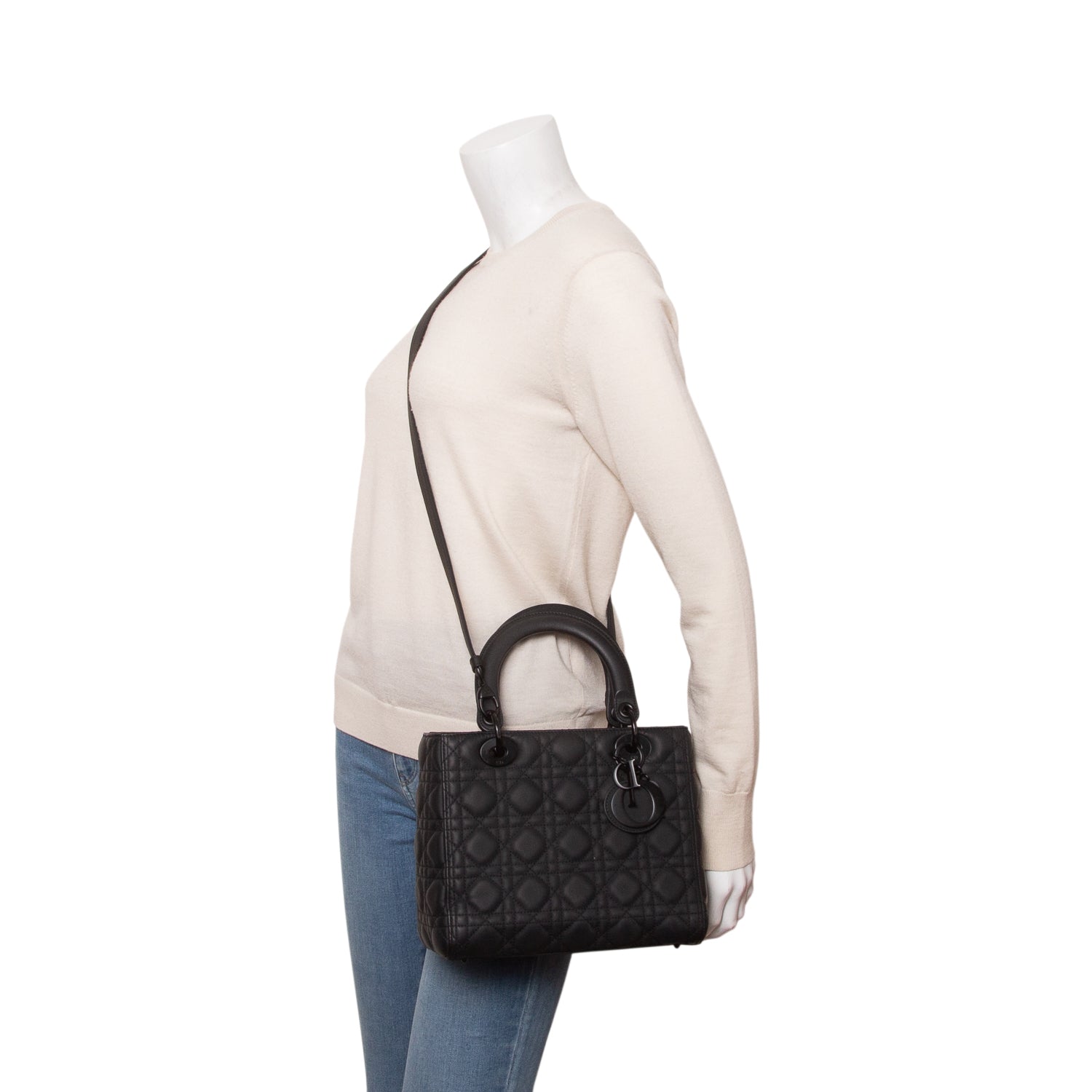 Christian Dior Black Ultra Matte Calfskin Cannage Medium Lady Dior w/ Authenticity Card & Strap
