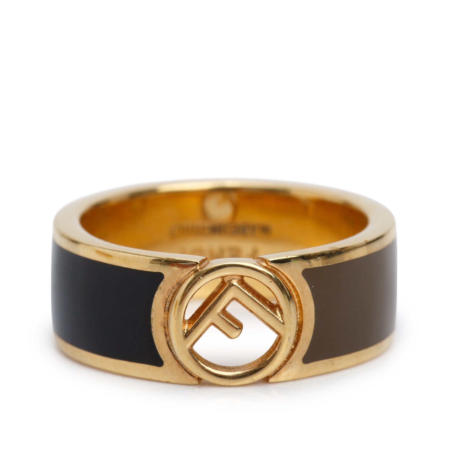 Fendi Gold-Plated Brass Black & taupe Enamel F is Fendi Band Ring, Size L 8 w/ Box