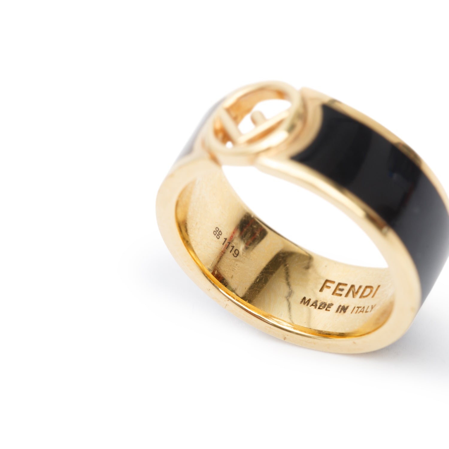 Fendi Gold-Plated Brass Black & taupe Enamel F is Fendi Band Ring, Size L 8 w/ Box