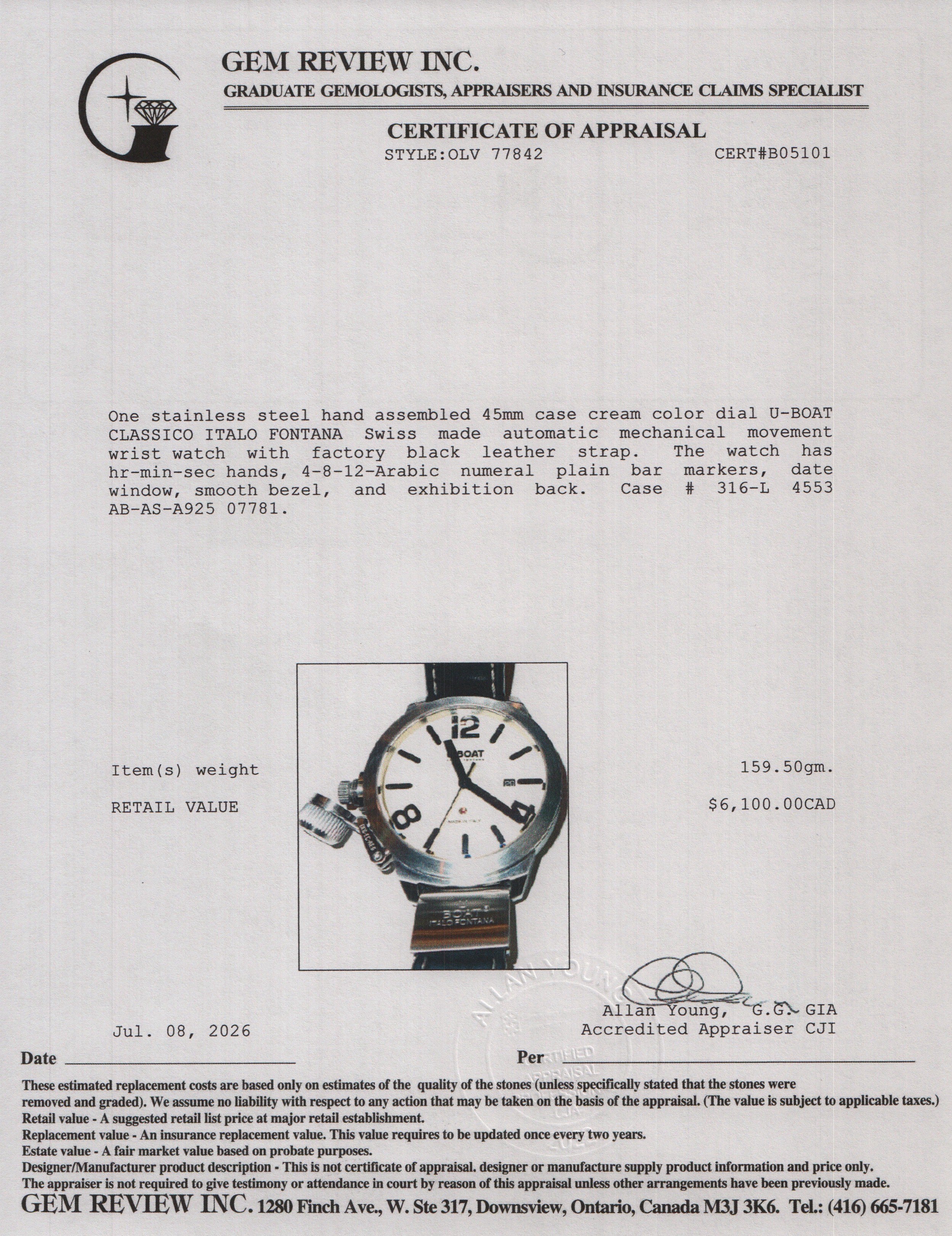 U-Boat Stainless Steel Classico Italo Fontana 45 MM Automatic Watch Creme Dial w/ Box, Papers & Extra Strap