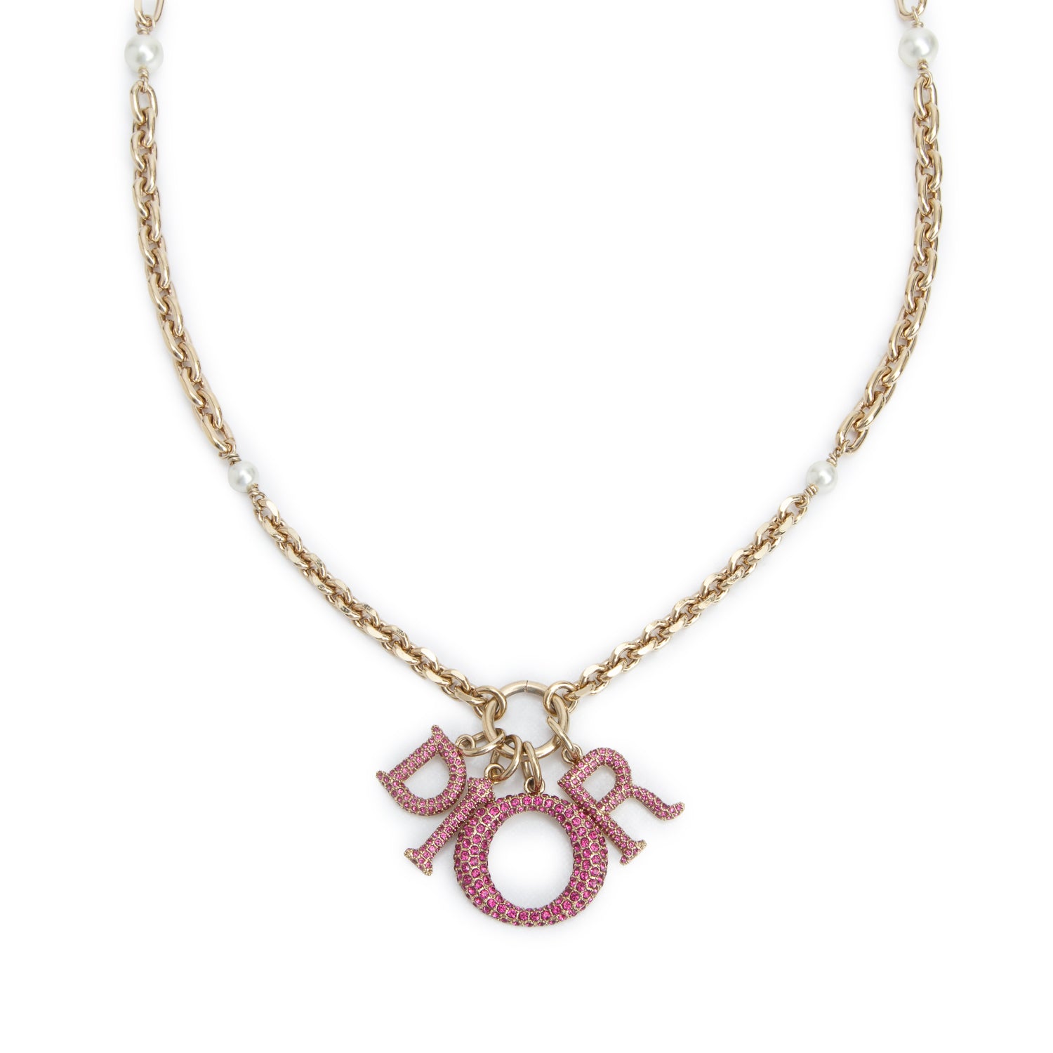 Christian Dior Gold Plated Faux Pearl Crystal Logo Pendant Necklace w/ Box
