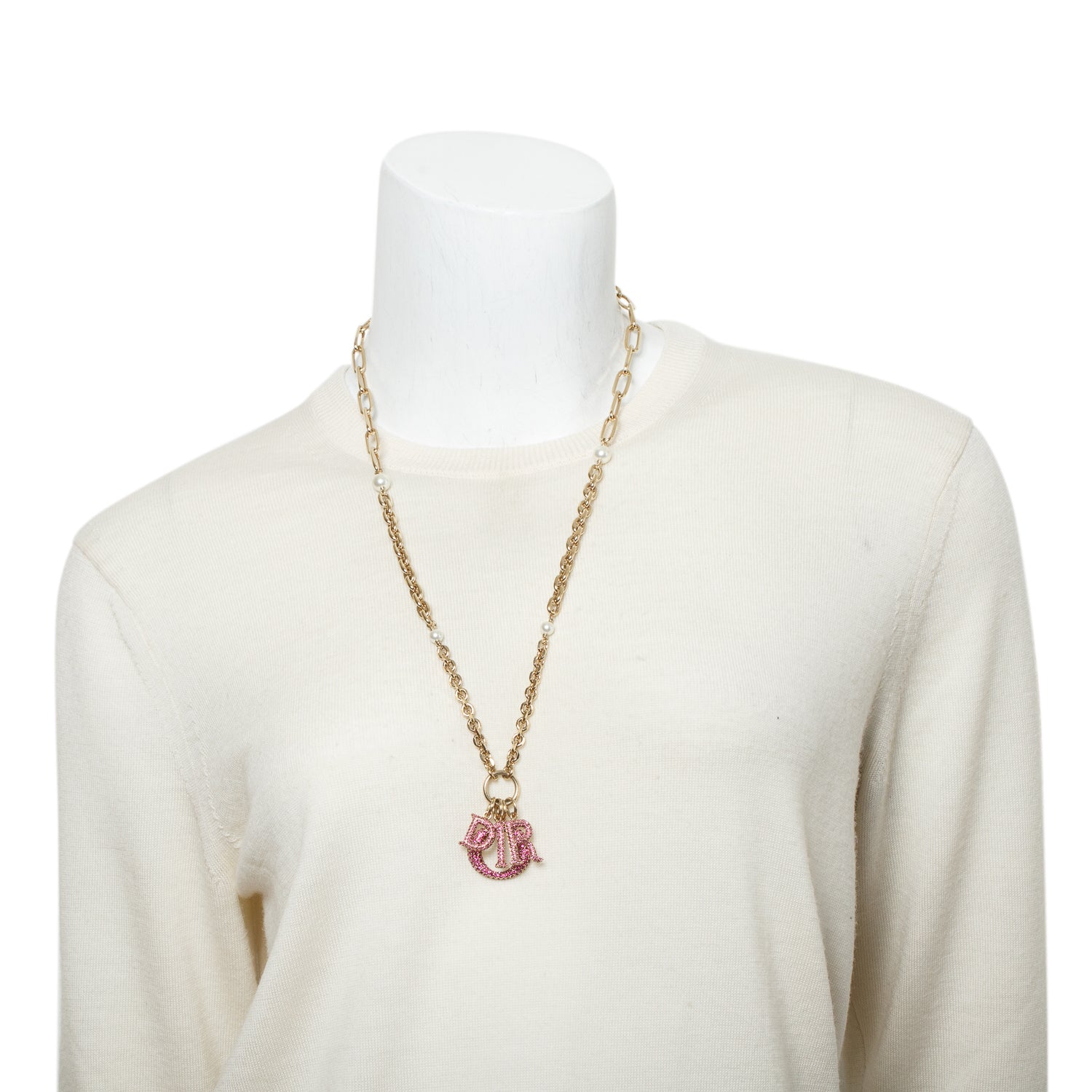 Christian Dior Gold Plated Faux Pearl Crystal Logo Pendant Necklace w/ Box
