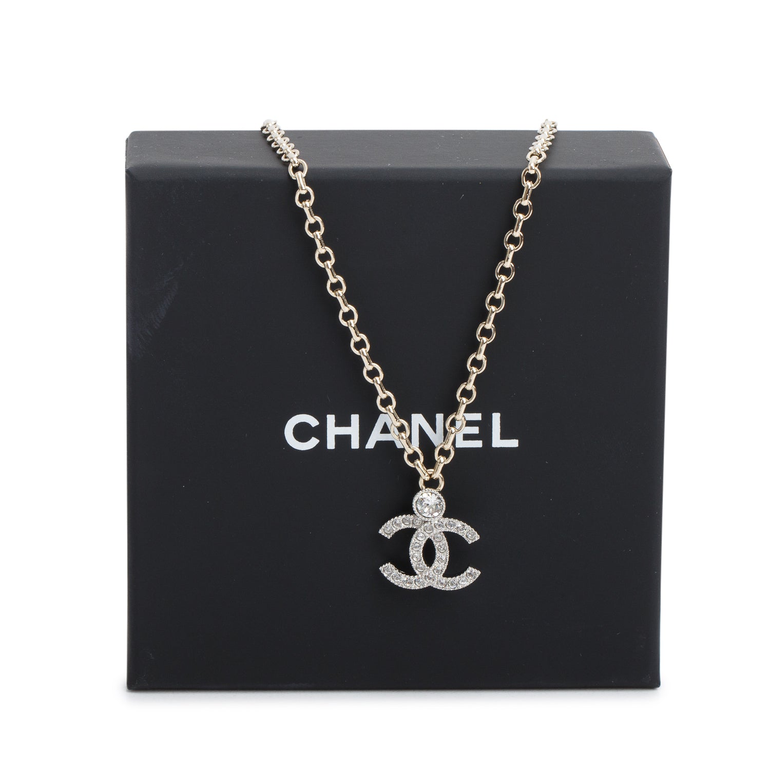 Chanel 2026 Gold-Plated Metal Strass CC Pendant Necklace w/ Box & Receipt