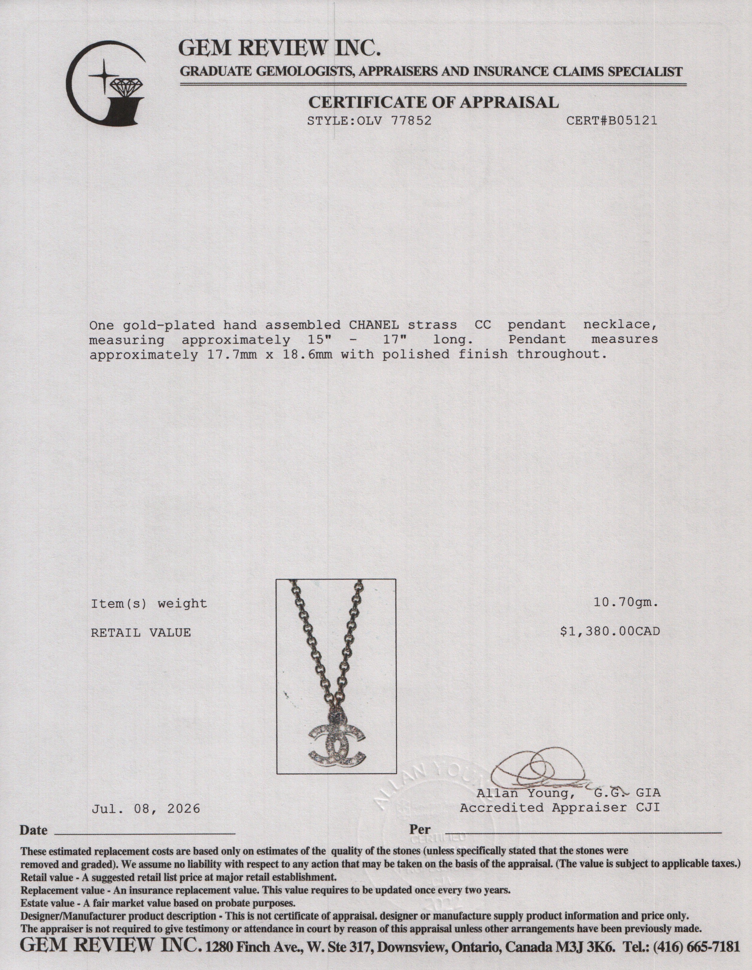 Chanel 2026 Gold-Plated Metal Strass CC Pendant Necklace w/ Box & Receipt