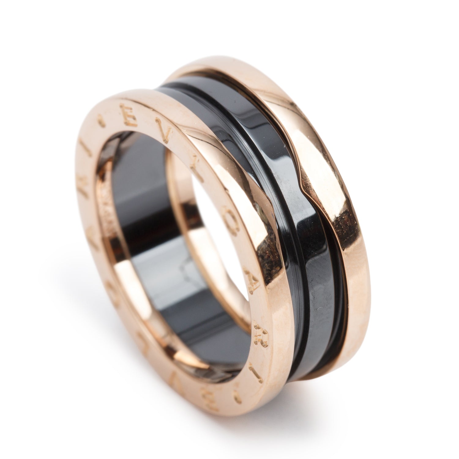 BVLGARI 18k Rose Gold Black Ceramic B.Zero1 Two-Band Ring, Size 56 7.5 w/ Box