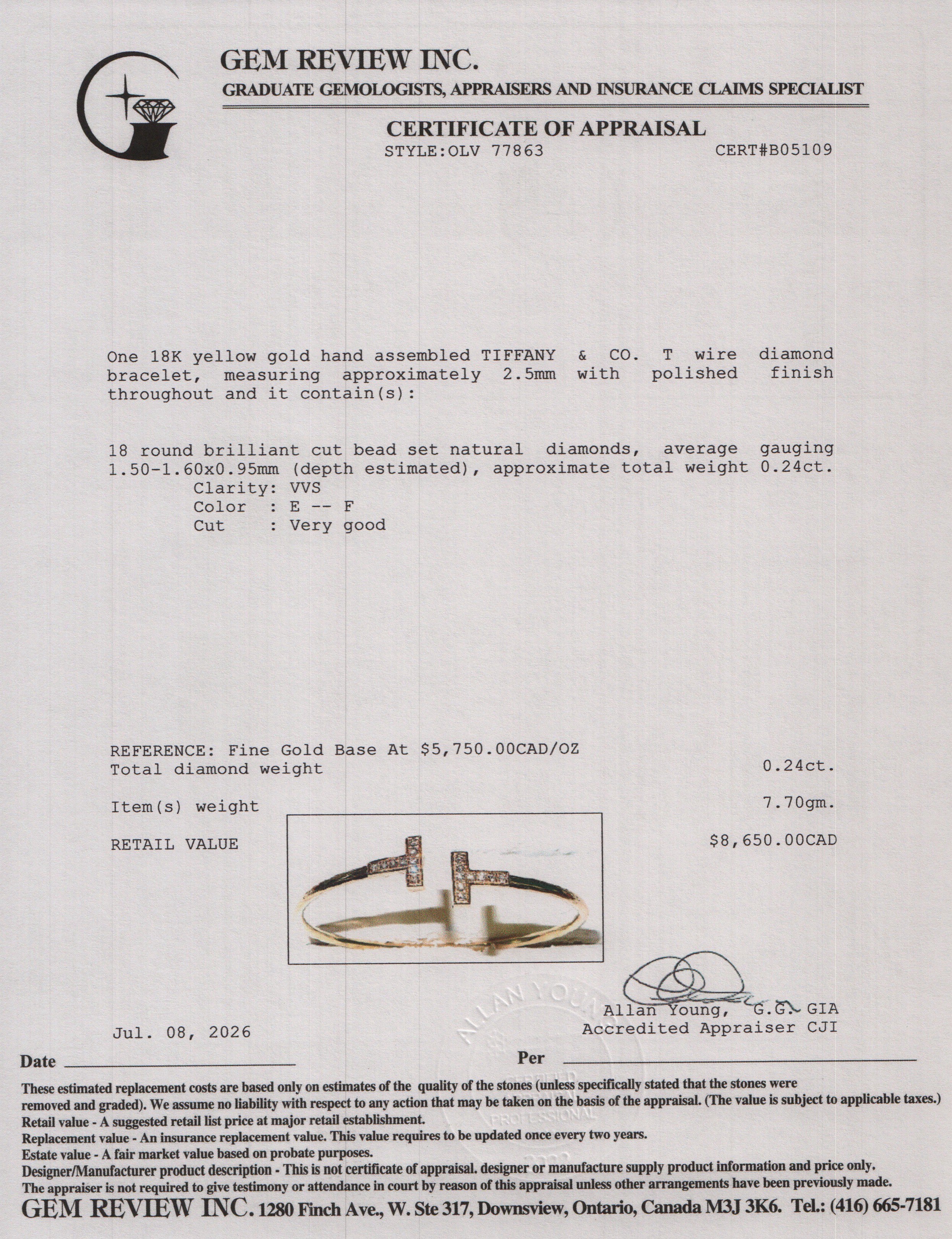 Tiffany & Co. 18k Yellow Gold Diamond T Wire Bracelet w/ Box