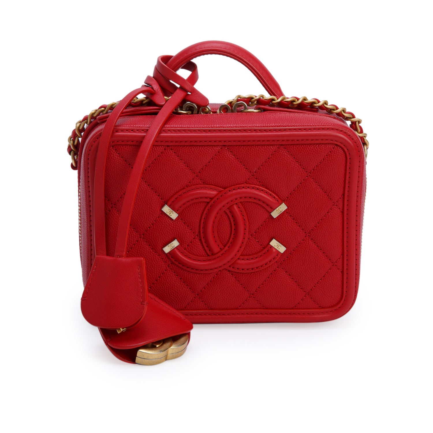Chanel Red Caviar Quilted Small CC Filigree Vanity Case w/ Authenticity Card