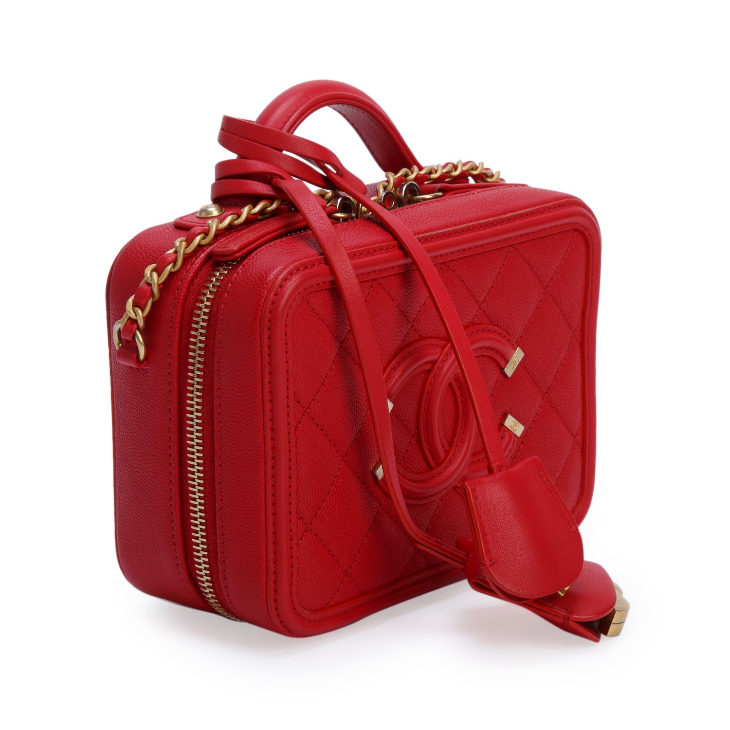 Chanel Red Caviar Quilted Small CC Filigree Vanity Case w/ Authenticity Card