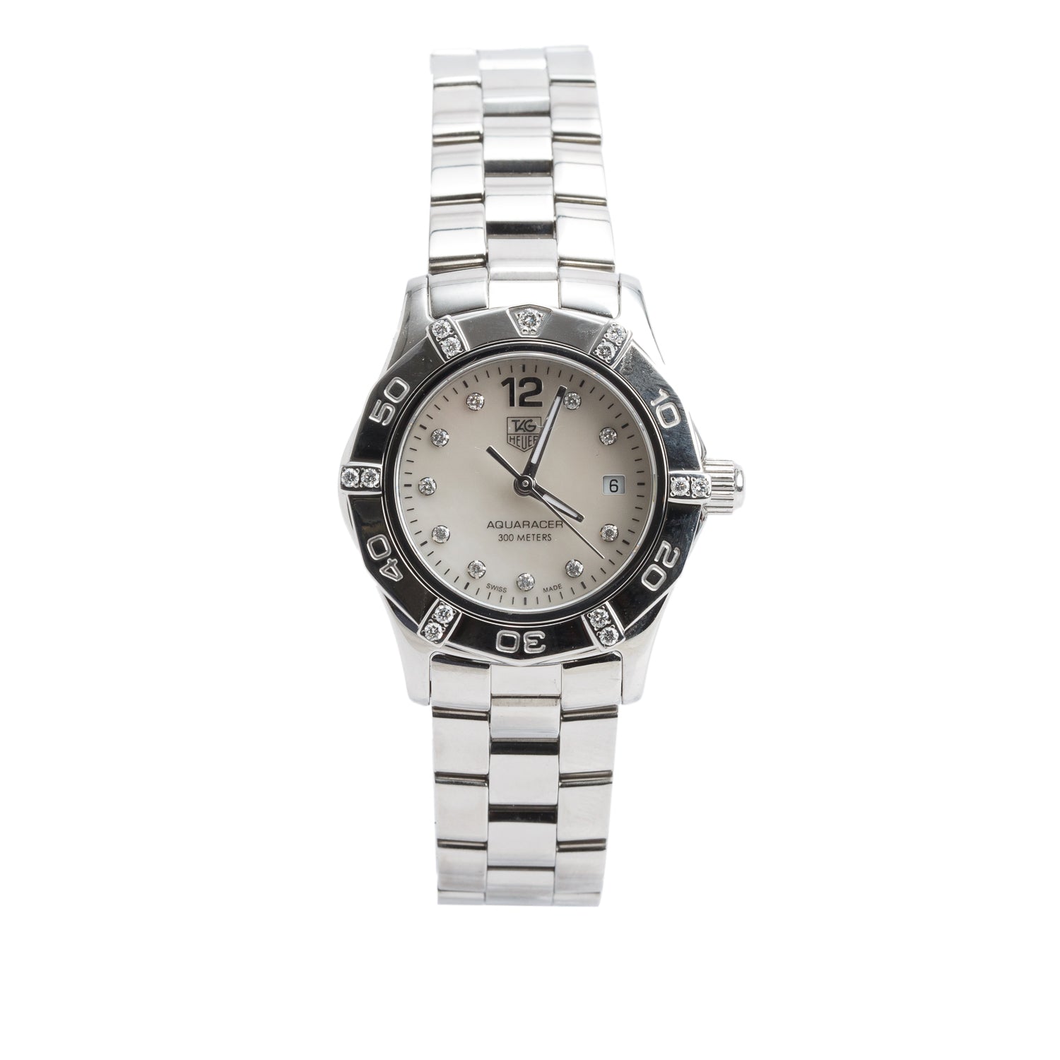 Tag Heuer Stainless Steel Diamond Bezel Aquaracer 27 MM Quartz Watch Mother of Pearl Diamond Dial WAF141G w/ Box & Papers